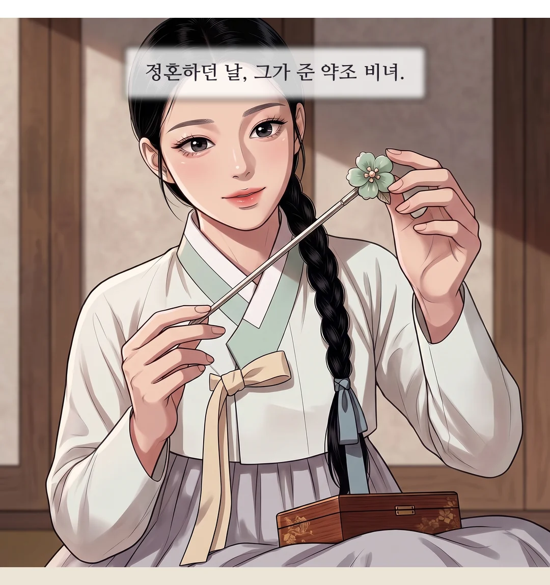 비녀를 쥔 손을 가슴에 대고, 작게 기대하는 연화. — 드디어 혼례 날을 잡으시려나 보다.