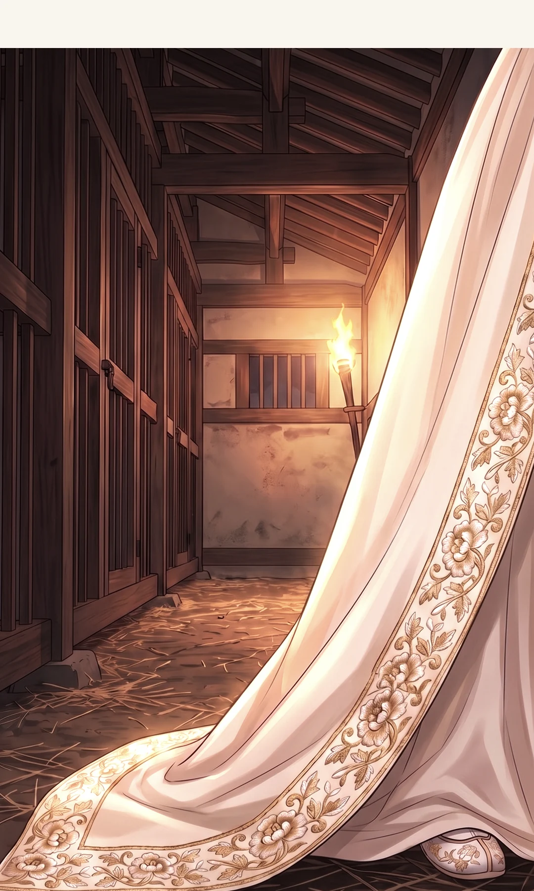 A dark prison corridor. Only the trailing hem of a ceremonial robe catches the torchlight — gold and white peony embroidery.
