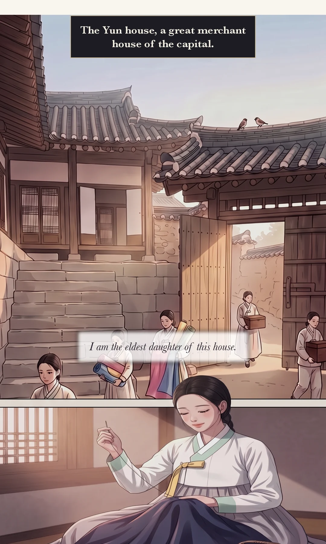Yeonhwa crossing the yard toward the main hall at the top of the high stone steps, from behind (low angle). / Wedding chests stacked beside the steps — red wrapping cloths, bolts of silk. Servants carrying them. — Father was always up at the top of those steps. Wedding gifts…? Mine have not even been made yet.