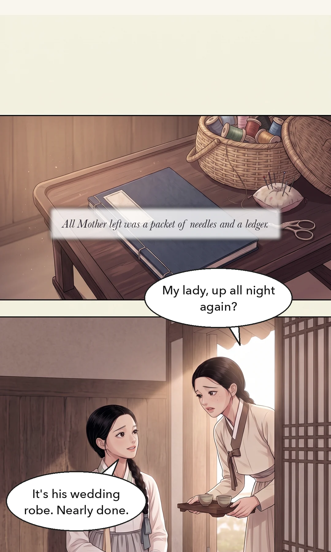 The door open. Inside the bright hall, Doyun and Chaeryeong sit close together, holding hands. In the doorway, Yeonhwa is only a shoulder in the dark foreground.