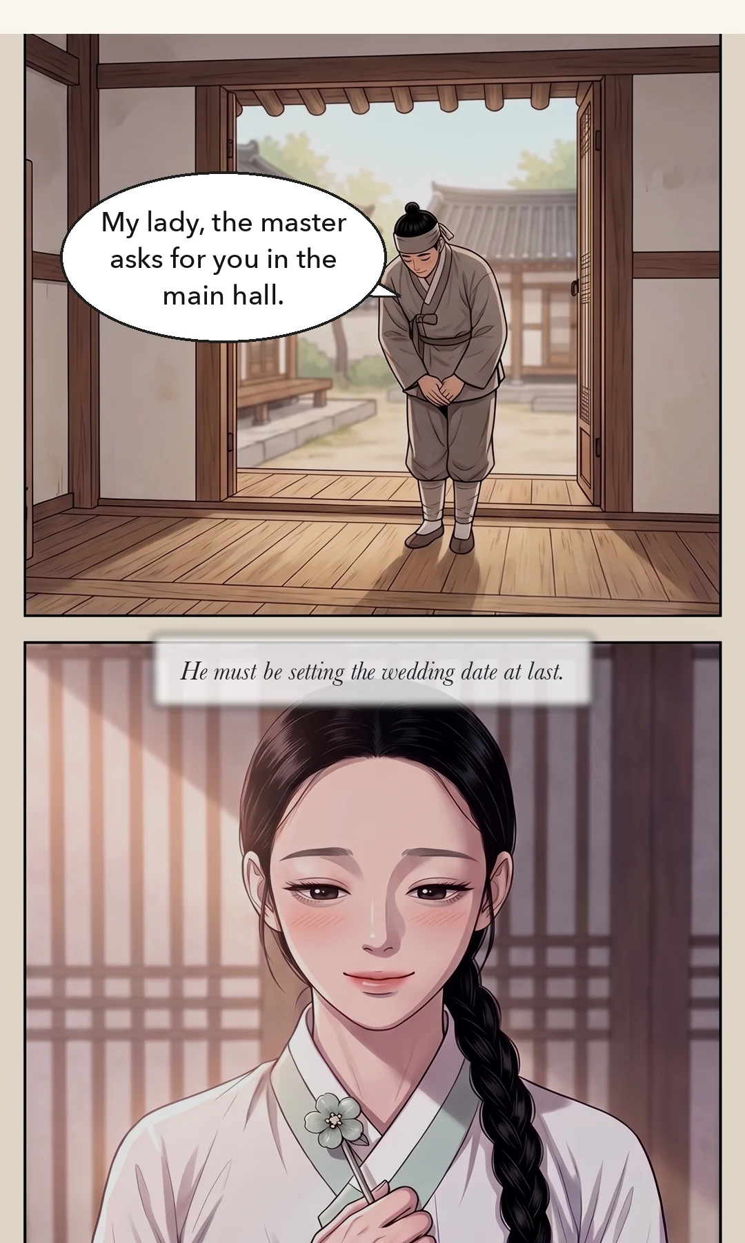 Yeonhwa speaks without looking at the door. Her voice cracks on "congratulate." / (hands) Chaeryeong's hand reaching over Yeonhwa's fist — she takes the flowered head of the pin. — Yeonhwa: "You take my marriage, and I congratulate you?"