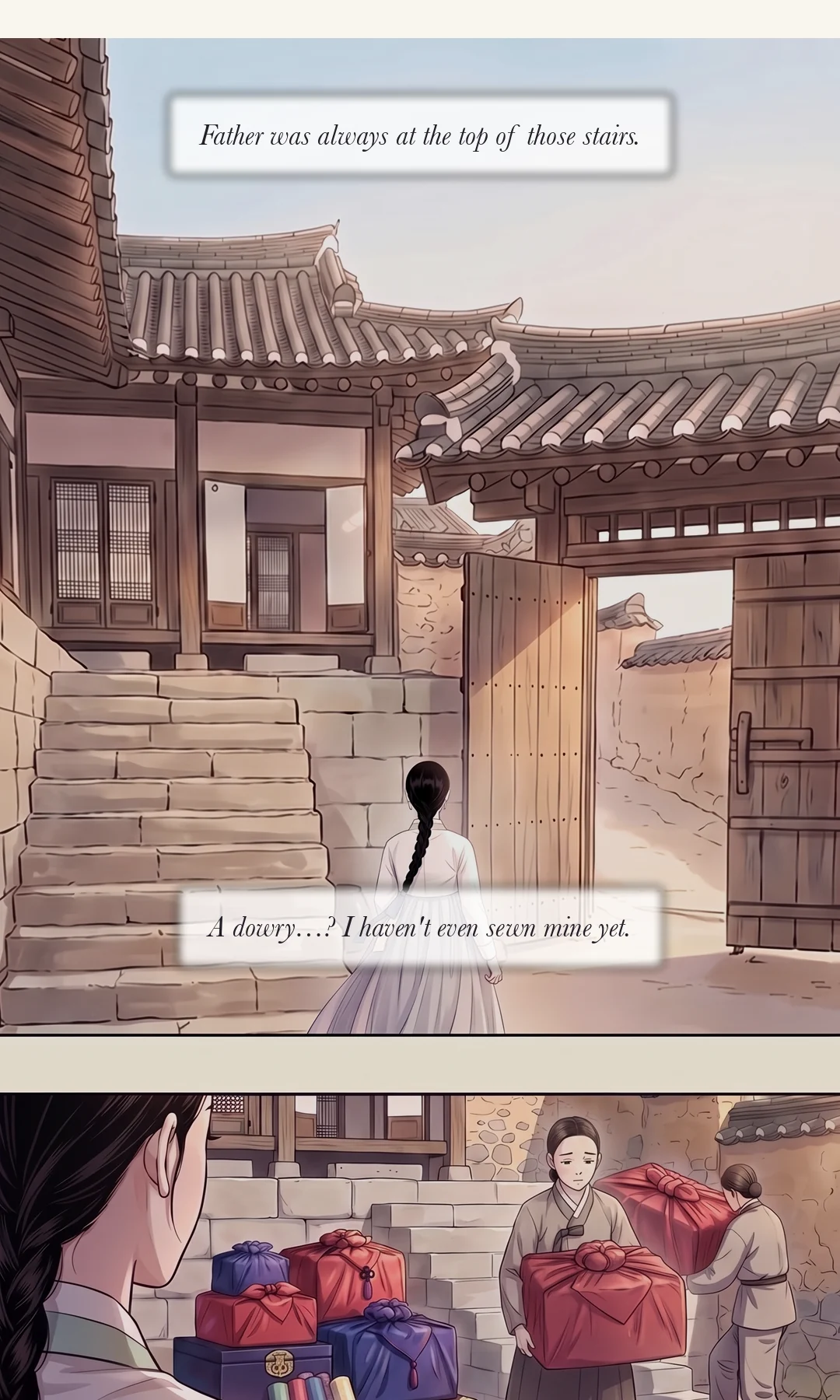 Yeonhwa looking down at her empty right hand. / Yeonhwa takes a step closer. Doyun turns his head away. — Give it up. In this house that word only ever came back to me. Yeonhwa: "Say it looking at me."