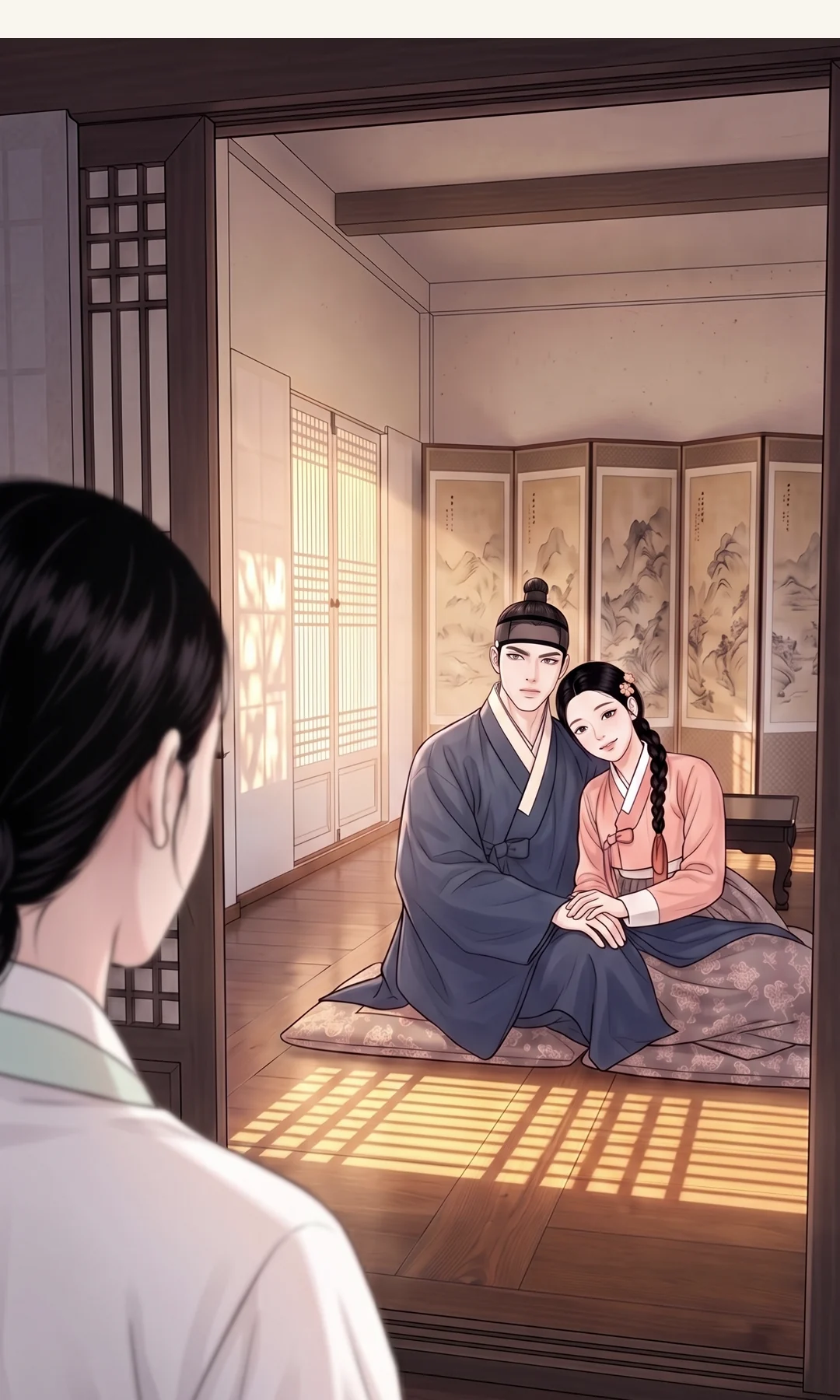 A declaration. Yeonhwa with the light from the door behind her. — Yeonhwa: "Then today I will choose a husband too."