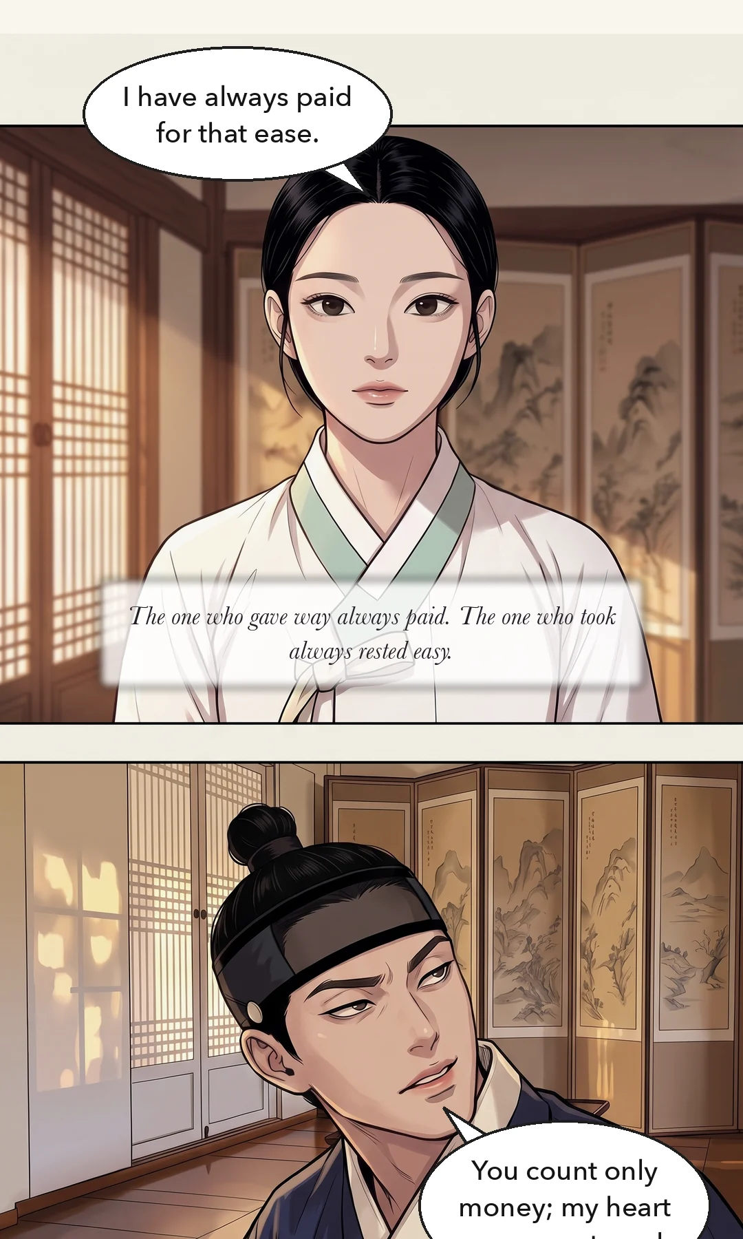 A low table from above. The only paper in this episode is the betrothal deed. / Doyun glaring at the bundle. — The betrothal deed — the promise between two houses.