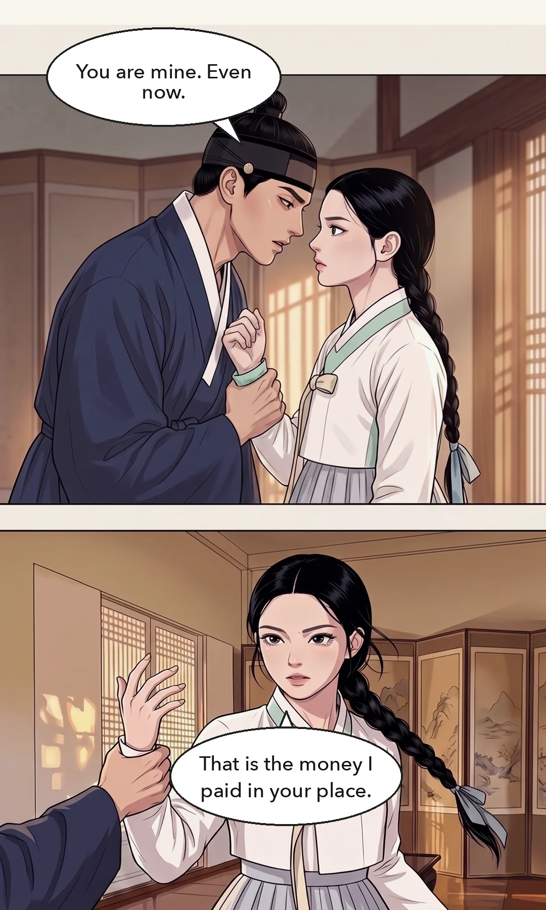Not a request but a notice. / Medium shot from the side. Taesik's right hand strikes Yeonhwa's left cheek — once. No close-up of the mark. — Yeonhwa: "I will take my mother's things." smack