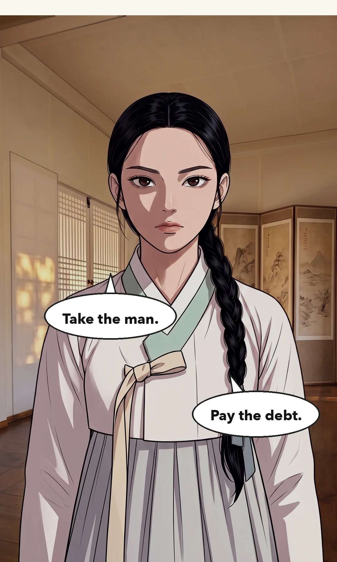 Yeonhwa's face — she looks at the ledger in the dirt. Behind her, out of focus, Chaeryeong touches the pin in her hair and smiles. / The navy ledger, come to rest on the ground. — My mother's ledger was lying in the dirt.