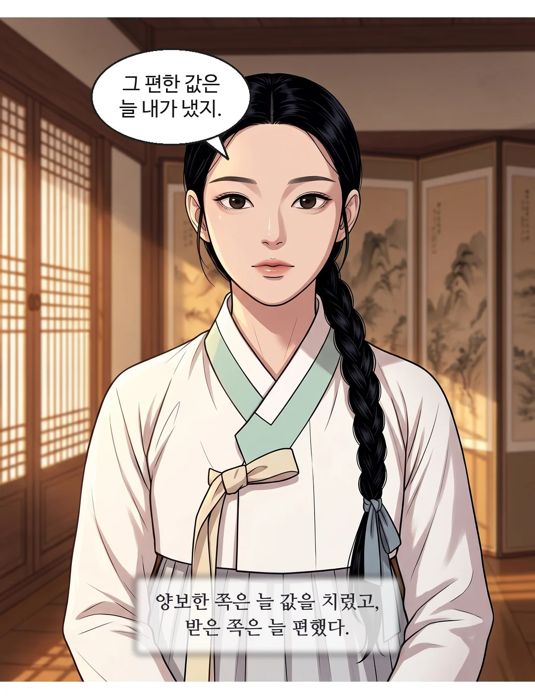 연화를 흘겨보는 도윤. 비웃음 반. — 도윤 "돈만 세니, 내 마음을 모르겠구려."