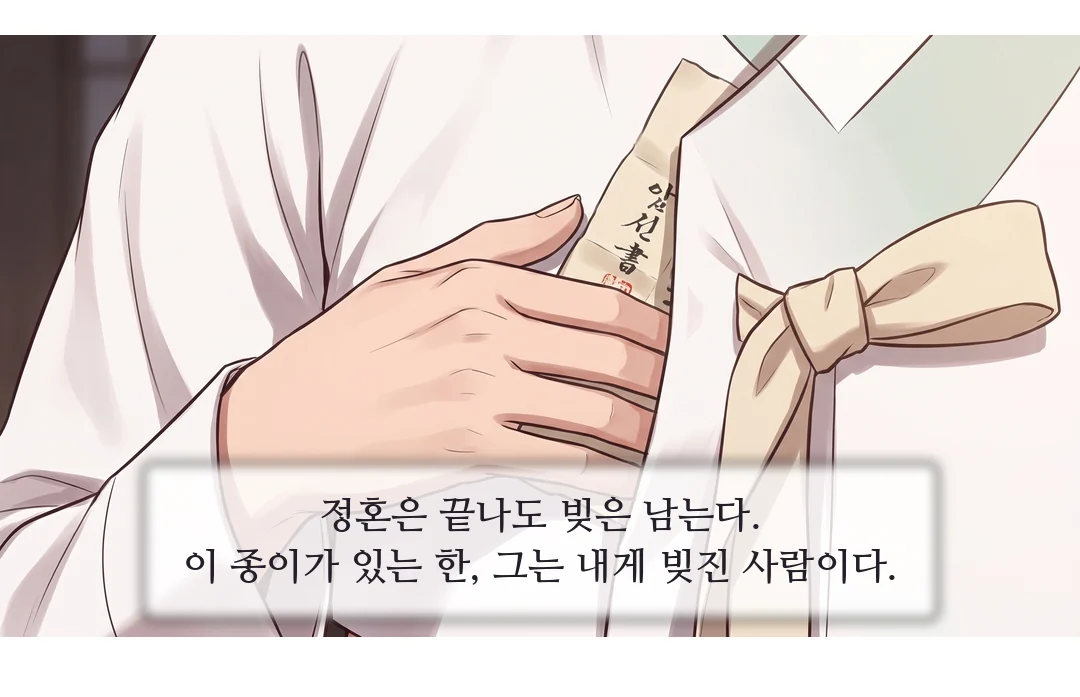 (손) 상 위의 넓은 증서를 한 번에 찢는다. — 찌익