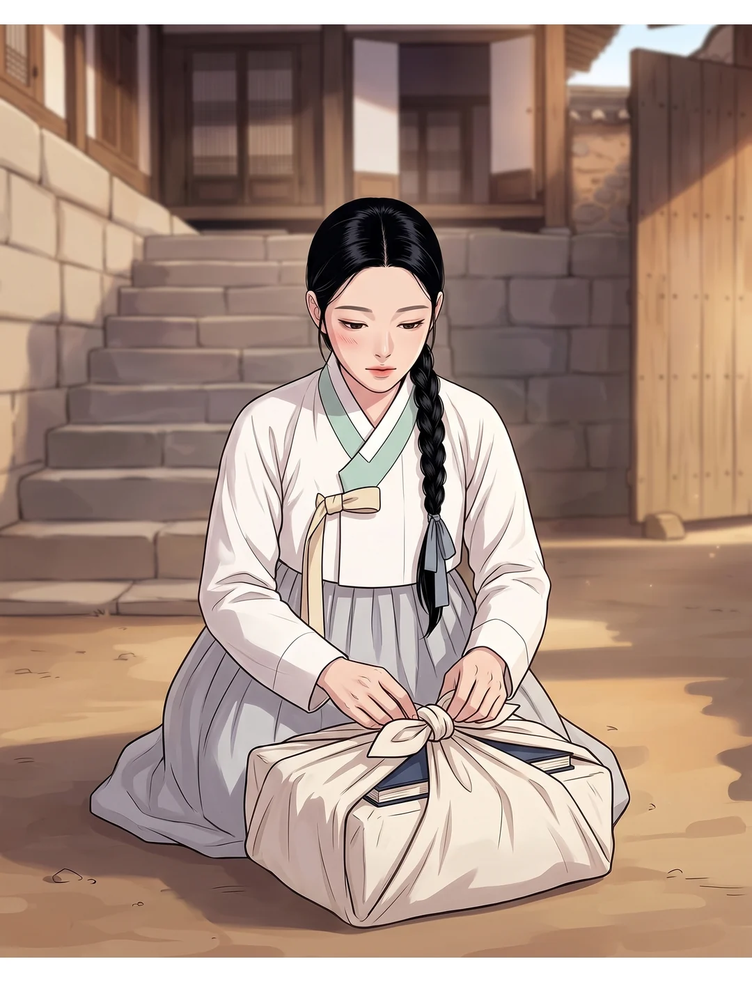 마당에 무릎을 꿇고 장부를 흰 보퉁이에 다시 싸는 연화.