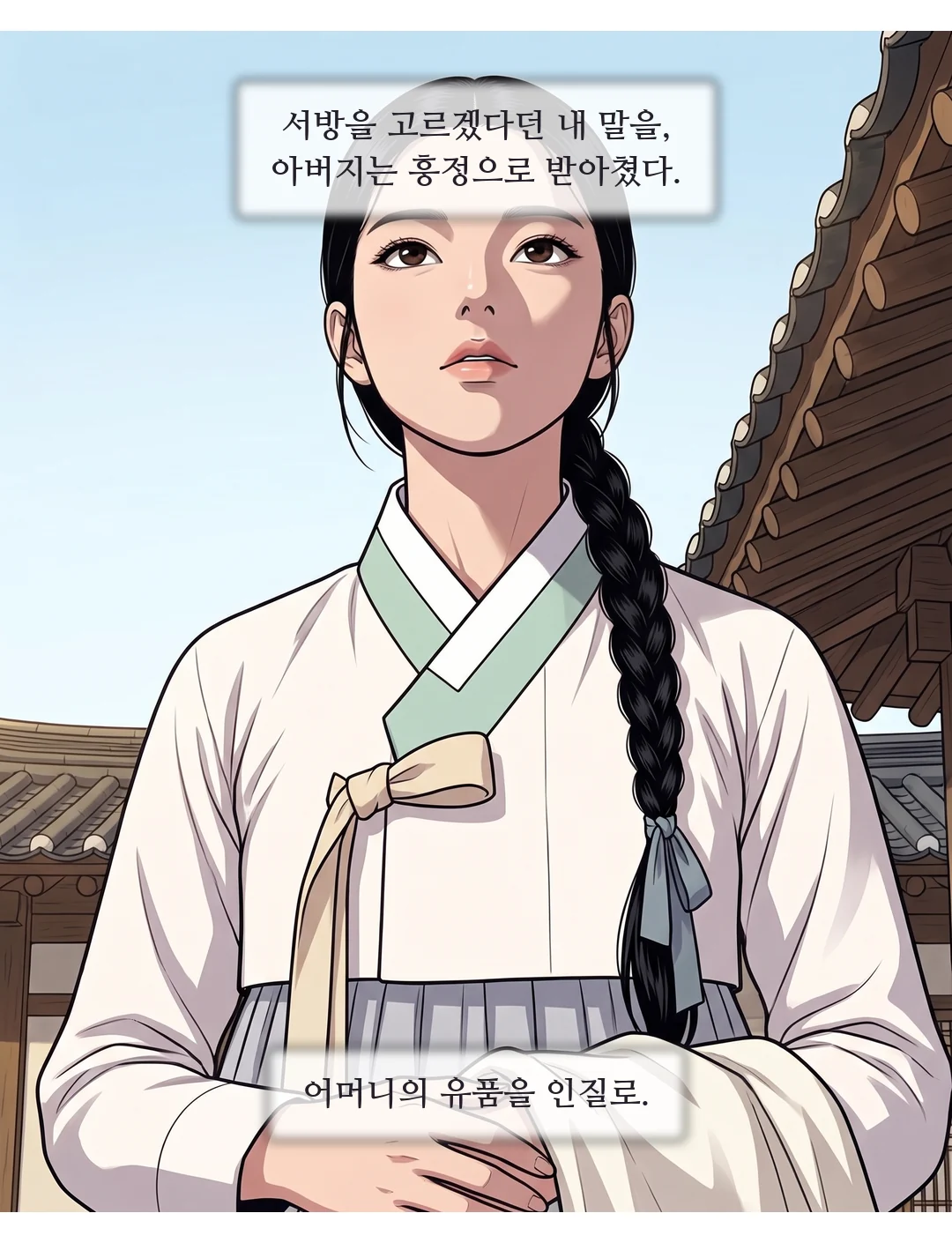 보퉁이를 허리 아래로 안고. '어머니의'에서 아주 잠깐 멈춘다. — 연화 "어머니의 것은, 제가 가져가겠습니다."