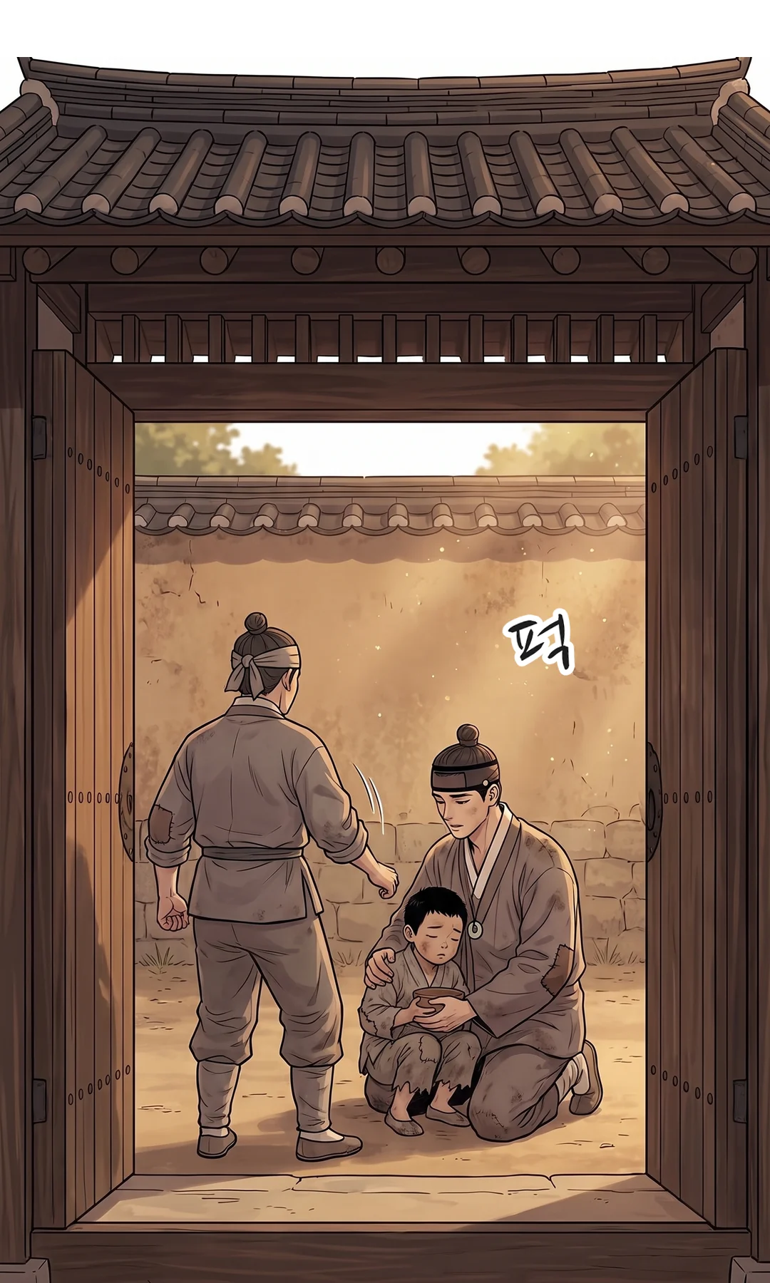 아이와 눈높이를 맞춘 무진. 거지 말투가 아니라 그냥 다정한 사람. — 무진 "괜찮으냐? 너부터 먹어라."