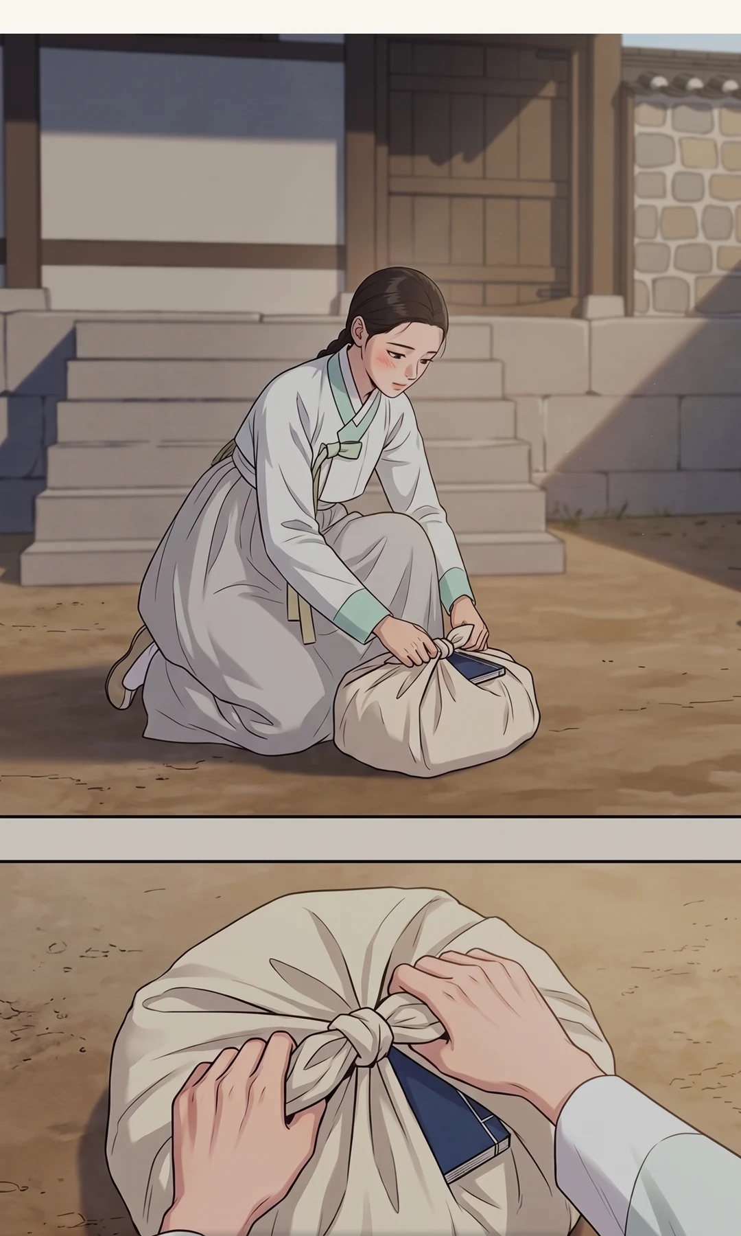 Yeonhwa looking up. / Holding the bundle below her waist. She pauses for an instant on "my mother's." — I said I would choose a husband, and my father answered with a bargain. With my mother's keepsakes as the hostage. Yeonhwa: "What is my mother's, I will take."