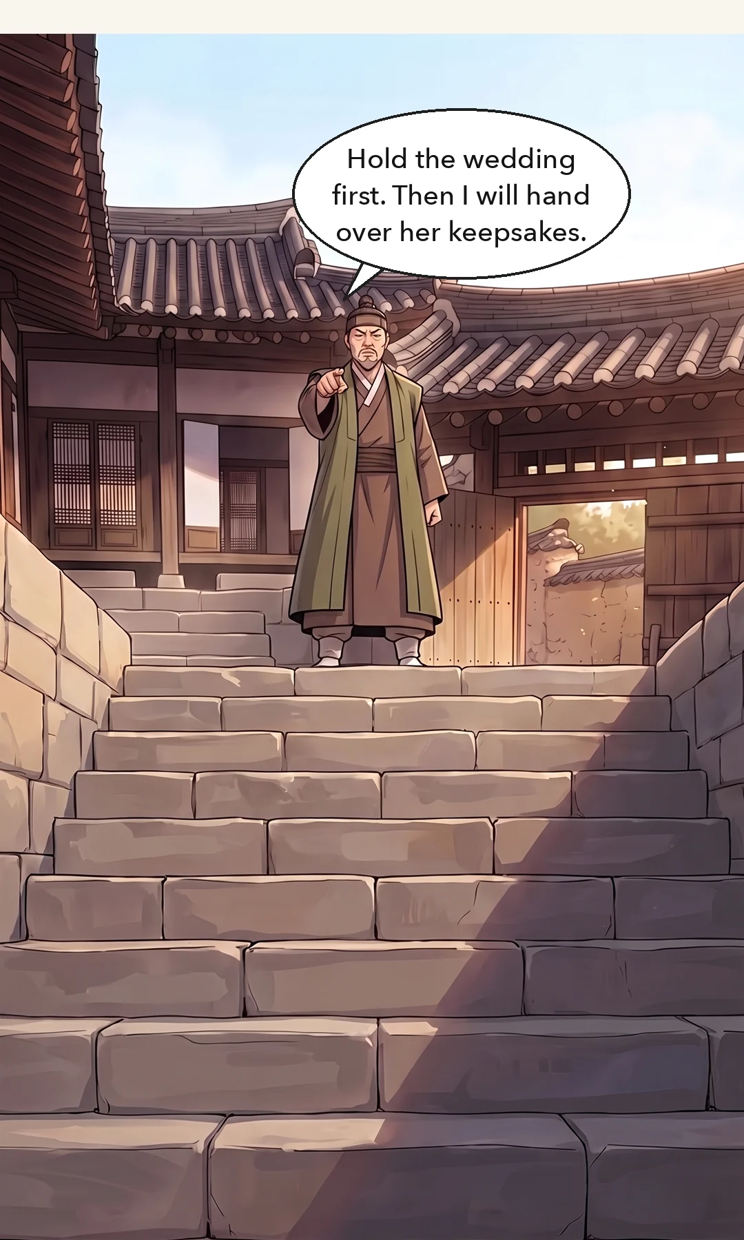 Mujin lowering himself to the child's eye level. Not a beggar's manner — simply a kind man. / (hands) He tips rice from his own bowl into the child's. — Mujin: "Are you all right? You eat first."