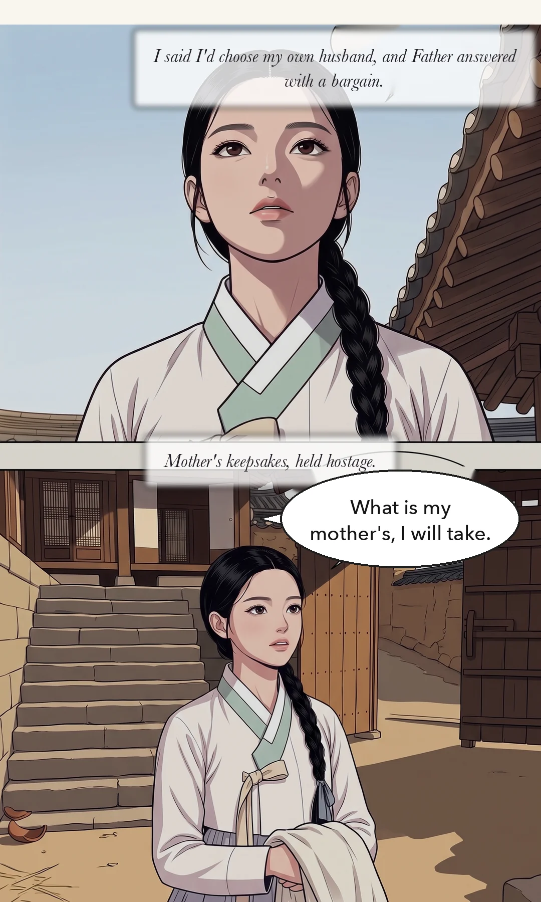(new · latest script, 13–16s) Taesik from the front. He does not look toward the open gate, only at his daughter. The sneer is only in his voice. / To her father. Composed, but with warmth for the first time — the end of the sentence loosens slightly. — Taesik: "Do you mean to look after that creature too?" Yeonhwa: "At least he does not take from the weak."