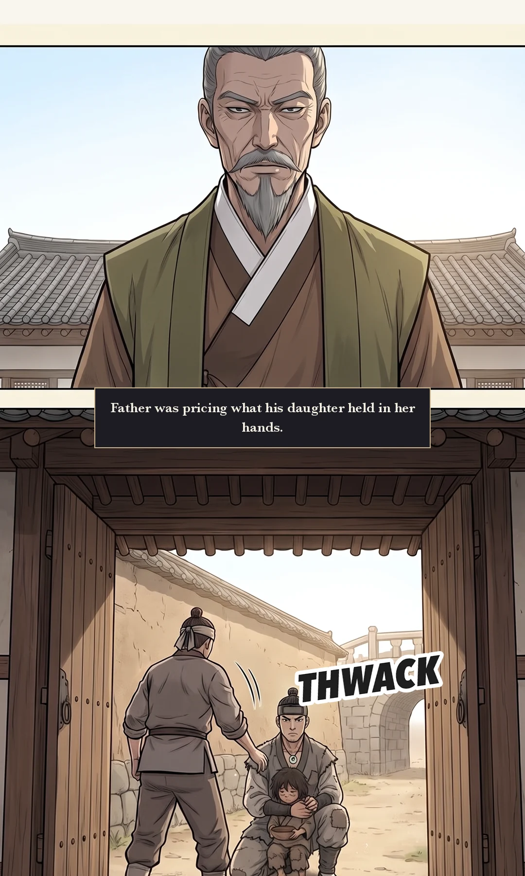 (after the declaration) Holding the bundle, three steps out through the gate. She stops beside Mujin and looks back inside. / (new) Taesik at the top of the steps. His mouth open — no words. — The yard went quiet.