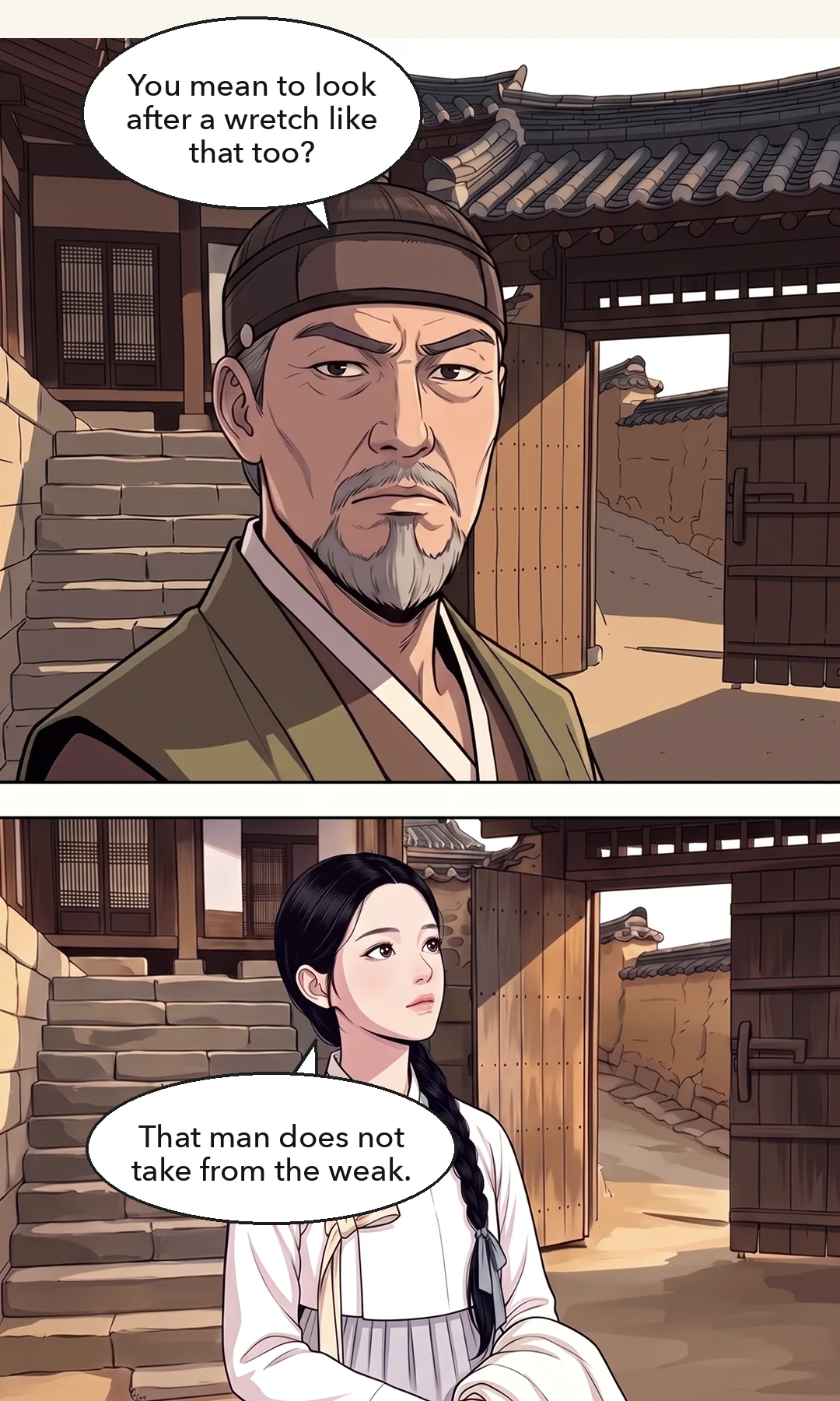 The two of them walking away down the alley, seen from behind. Doyun, left at the gate, is small. / (new) Doyun and Chaeryeong left at the gate. Chaeryeong takes his sleeve. Doyun is looking down the alley. — My hands were empty. And strangely, for the first time, I was walking on my own feet. The two left at the gate. Chaeryeong held his sleeve, and Doyun was watching the alley.