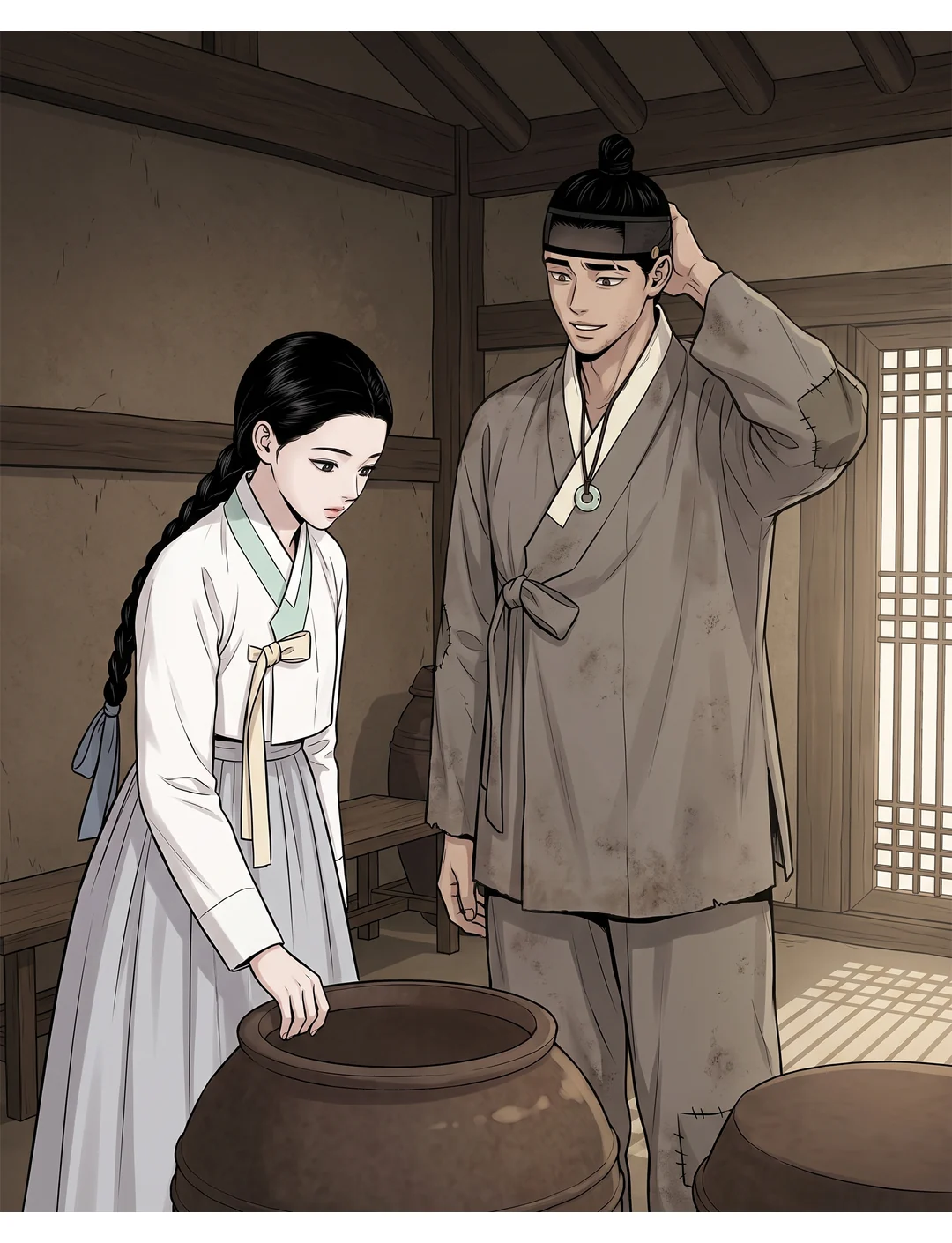 휑한 방. 빈 쌀독 앞의 연화, 머리를 긁는 무진.