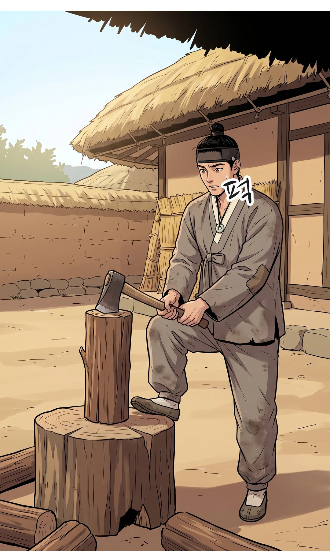 마당. 무진이 내려친 도끼가 장작 윗면에 박혀 빠지지 않는다. — 퍽
