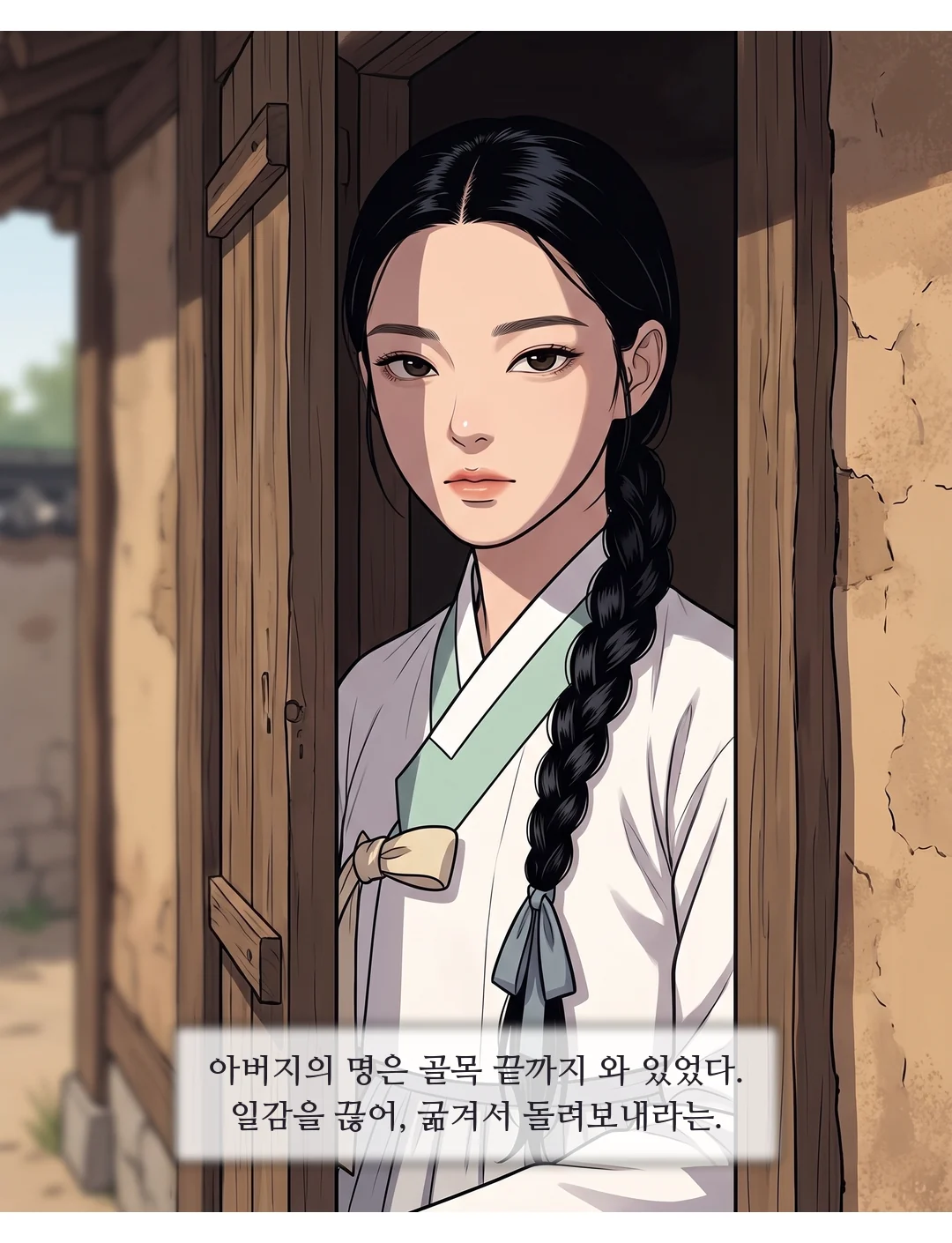 물러나는 하인의 뒷모습. 상인이 보퉁이를 연화의 손에 건넨다.