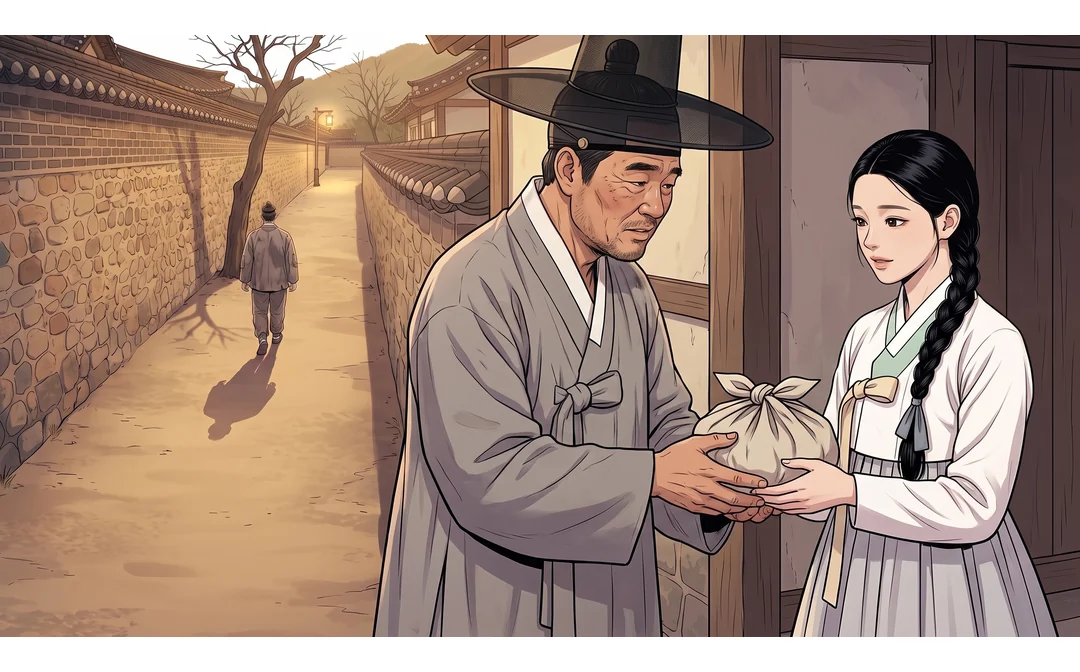(손) 동전 두 닢이 손바닥에 놓인다. — 짤랑 첫 품삯. 두 닢.