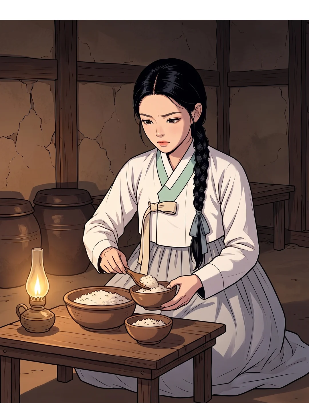(부감 · 기준 구도) 낮은 상 위, 같은 높이로 맞춰진 밥 두 그릇. 연화의 손이 숟가락으로 다시 똑같이 맞춘다. — 연화 "부부는 반씩입니다."
