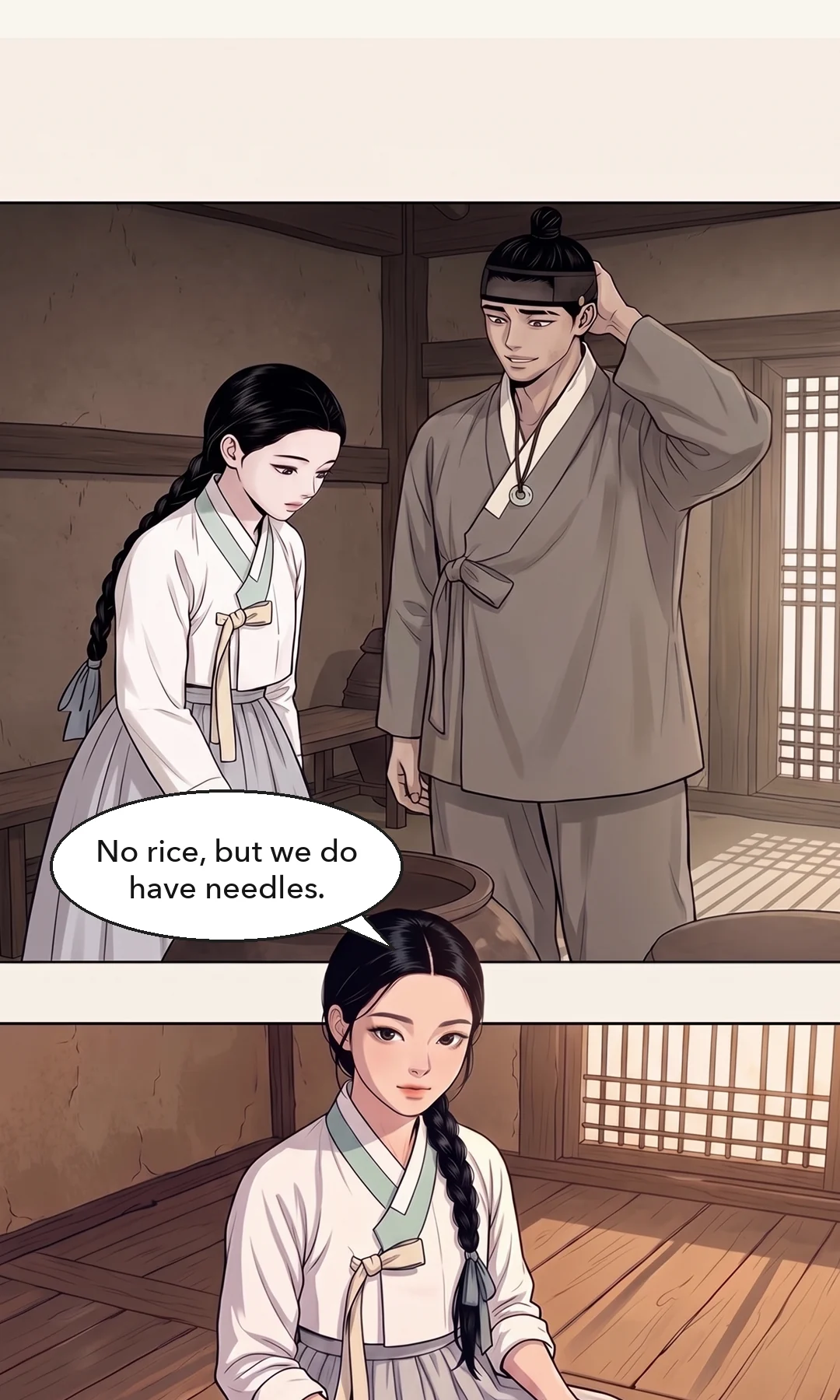 (new) Yeonhwa watching from the doorway. A hand over her mouth. / Yeonhwa laughs for the first time — out loud. — I laughed. Even on a day like that, there was something to laugh at.
