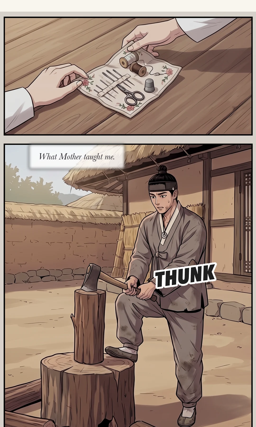Short and clear. For an instant his eyes waver. / (new) Mujin turning his eyes toward the axe. For just a moment, elsewhere. — Mujin: "They call me Mujin." When he said that name his eyes wavered for an instant. At the time I let it pass. For just a moment, he was looking somewhere else.