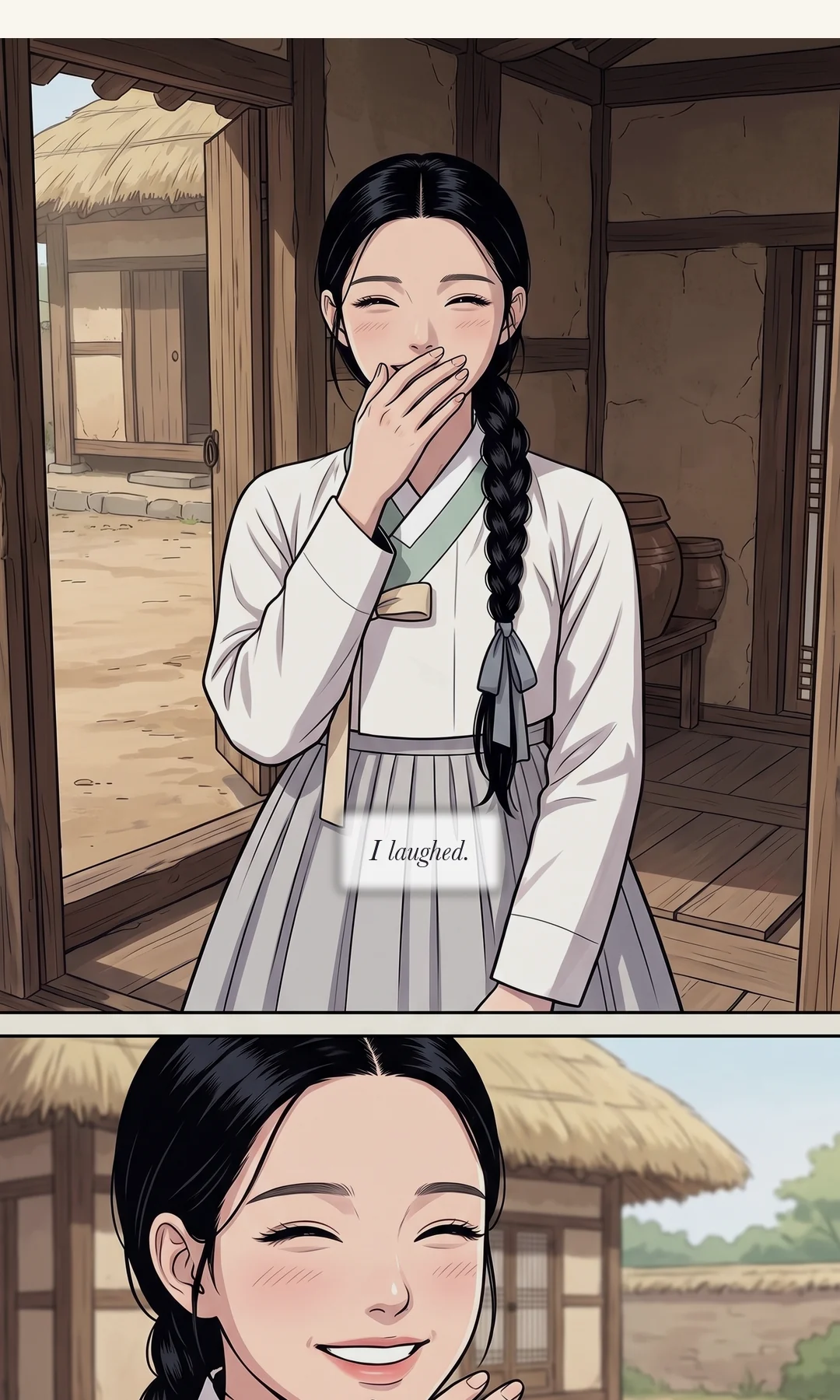 Yeonhwa standing before the servant's arm. Low and slow, one word at a time. / The servant's back as he withdraws. The merchant puts the bundle into Yeonhwa's hands. — Yeonhwa: "Has the Yun house bought my needles as well?"