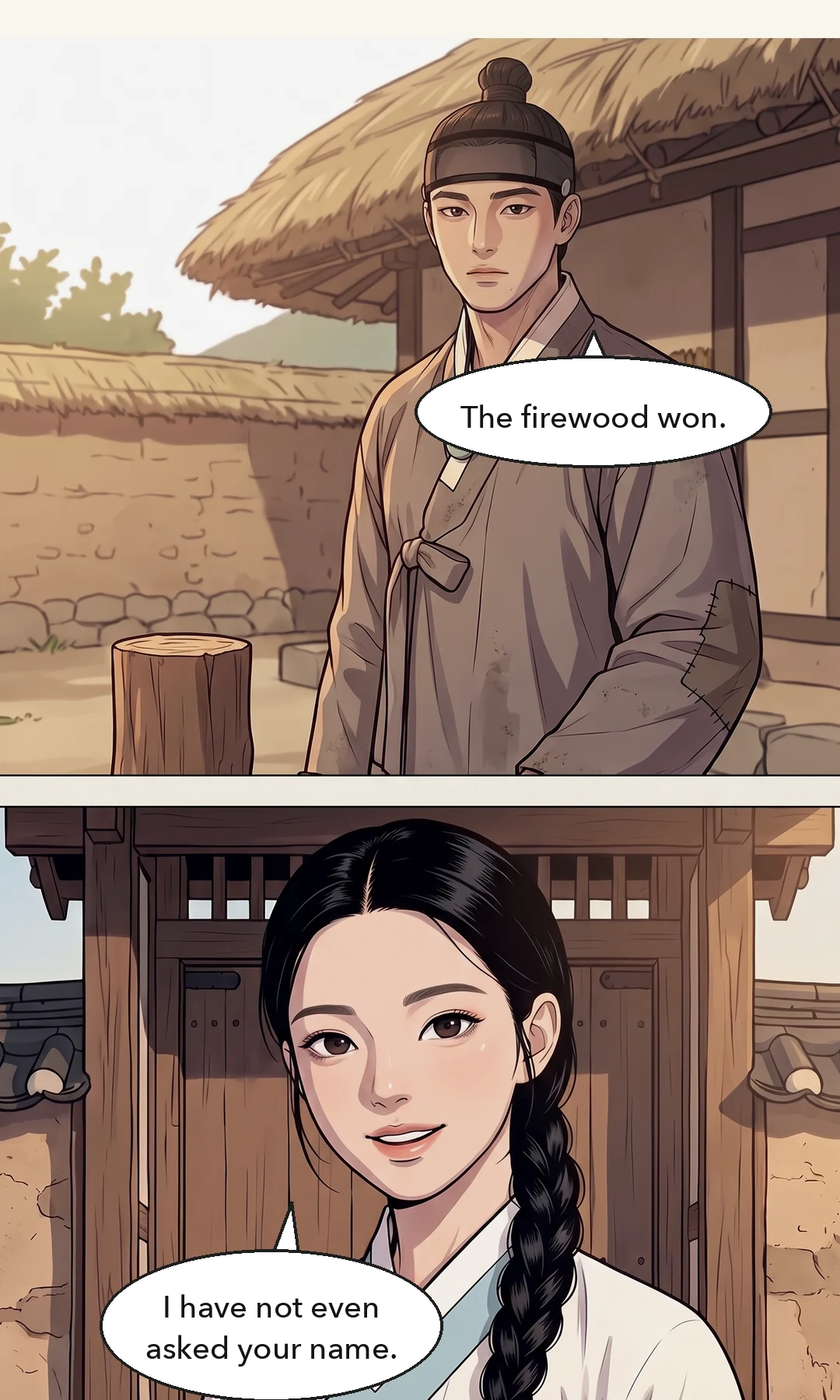 (hands) Two coins laid in a palm. / (new) Yeonhwa holding the two coins up to the light. — clink My first wages. Two coins. Two coins. The first money earned by my own hands.
