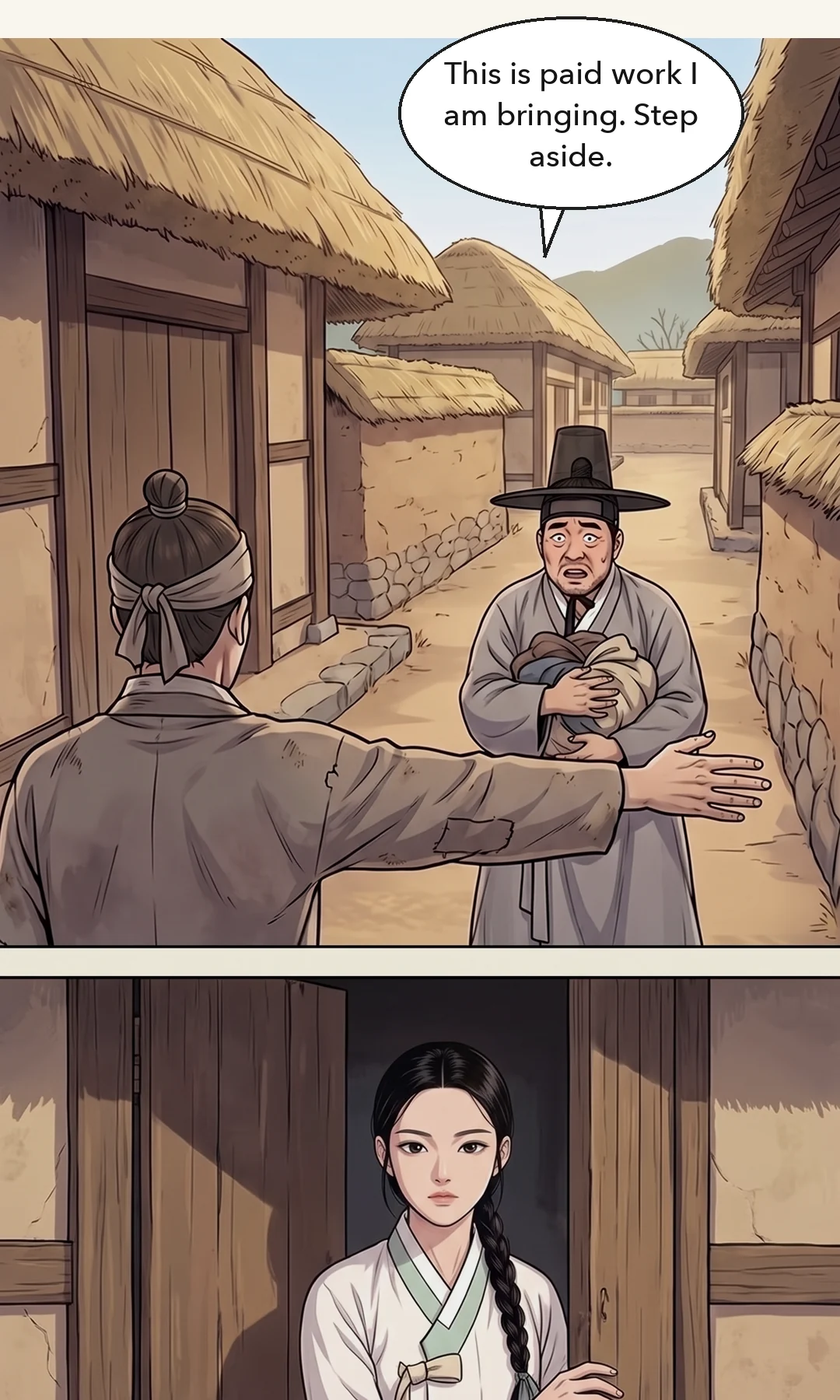 Night. Mujin lays his bedding by the door of the room. Yeonhwa stiffens, then eases. / Half relief, half a disappointment she cannot name. — Mujin: "Sleep easy tonight. We have not held the wedding yet." Yeonhwa: "…Thank you." I was relieved. And a little, inexplicably, disappointed.