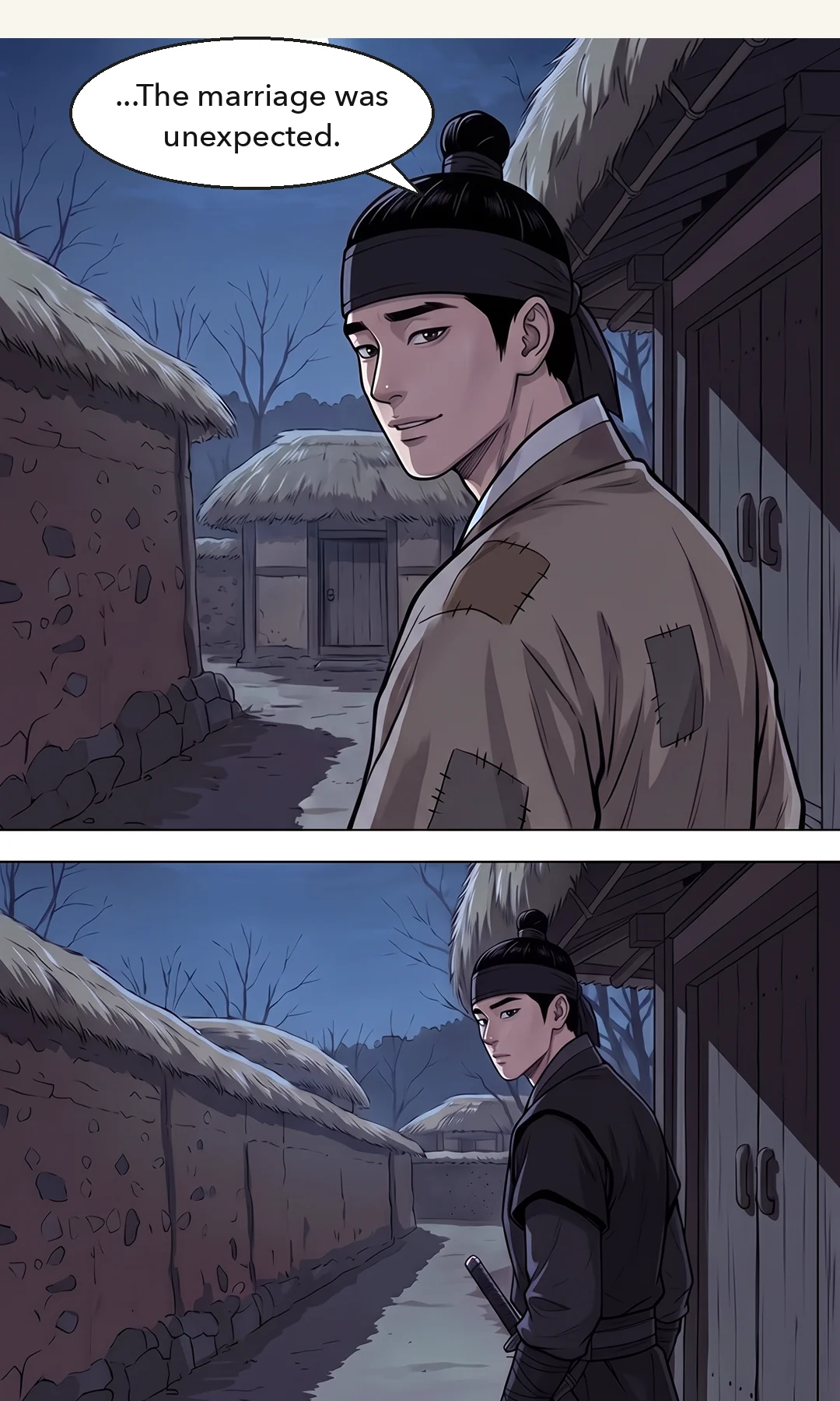 Taesik standing before him. Sweat. Not the voice from the top of the steps in Eps. 1–3. / (new · hands) Min Chi-gyeom's hand setting down a teacup. The air in the room changes. — Taesik: "My own ledger is burned, but… my dead wife kept a separate one…" His dead wife's ledger — at those words the air in the room changed.