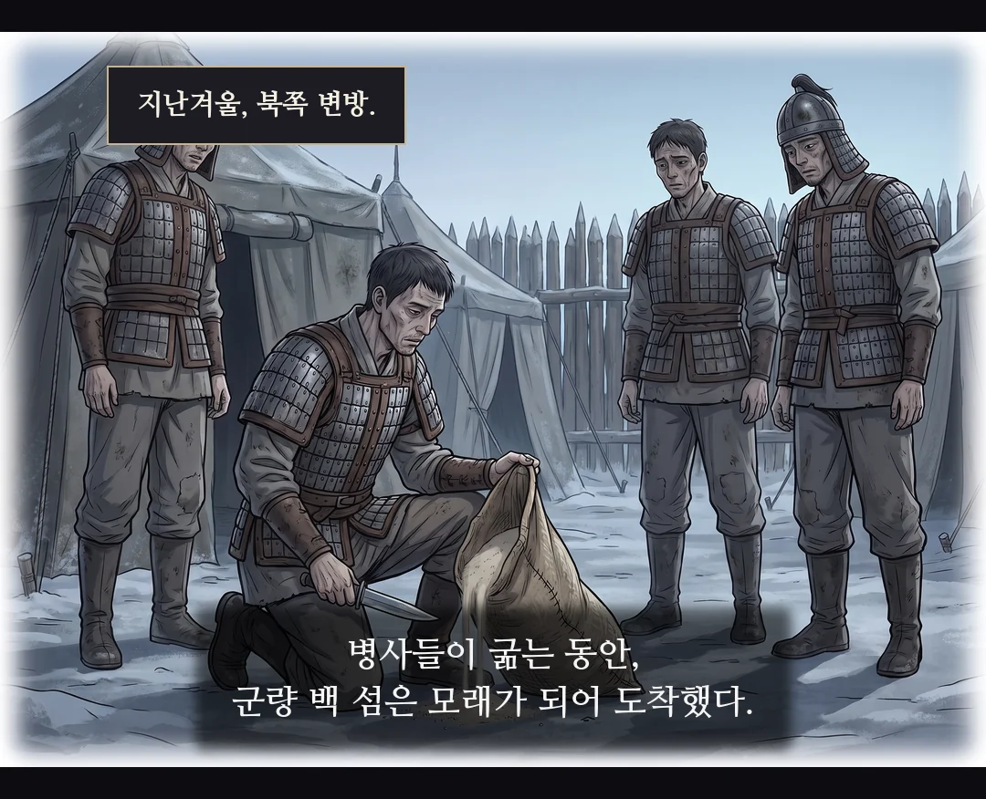 (회상 · 신규) 변방 군영의 새벽. 굶주린 병사들 앞에서 군량 자루를 칼로 가르자 쌀 대신 모래가 쏟아진다. — 지난겨울, 북쪽 변방. 병사들이 굶는 동안, 군량 백 섬은 모래가 되어 도착했다.