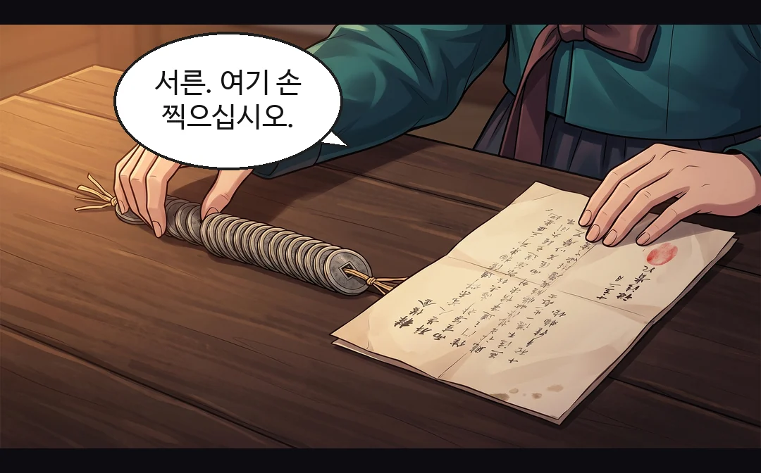 (손 · 무음) 붉은 인주를 묻힌 태식의 엄지가 종이 아래에 찍힌다.