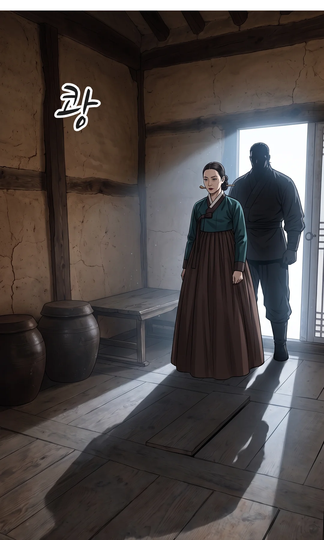 행수 얼굴. 사무적으로 — 물건을 찾으러 온 사람. — 행수 "네 아비가 널 팔았다."