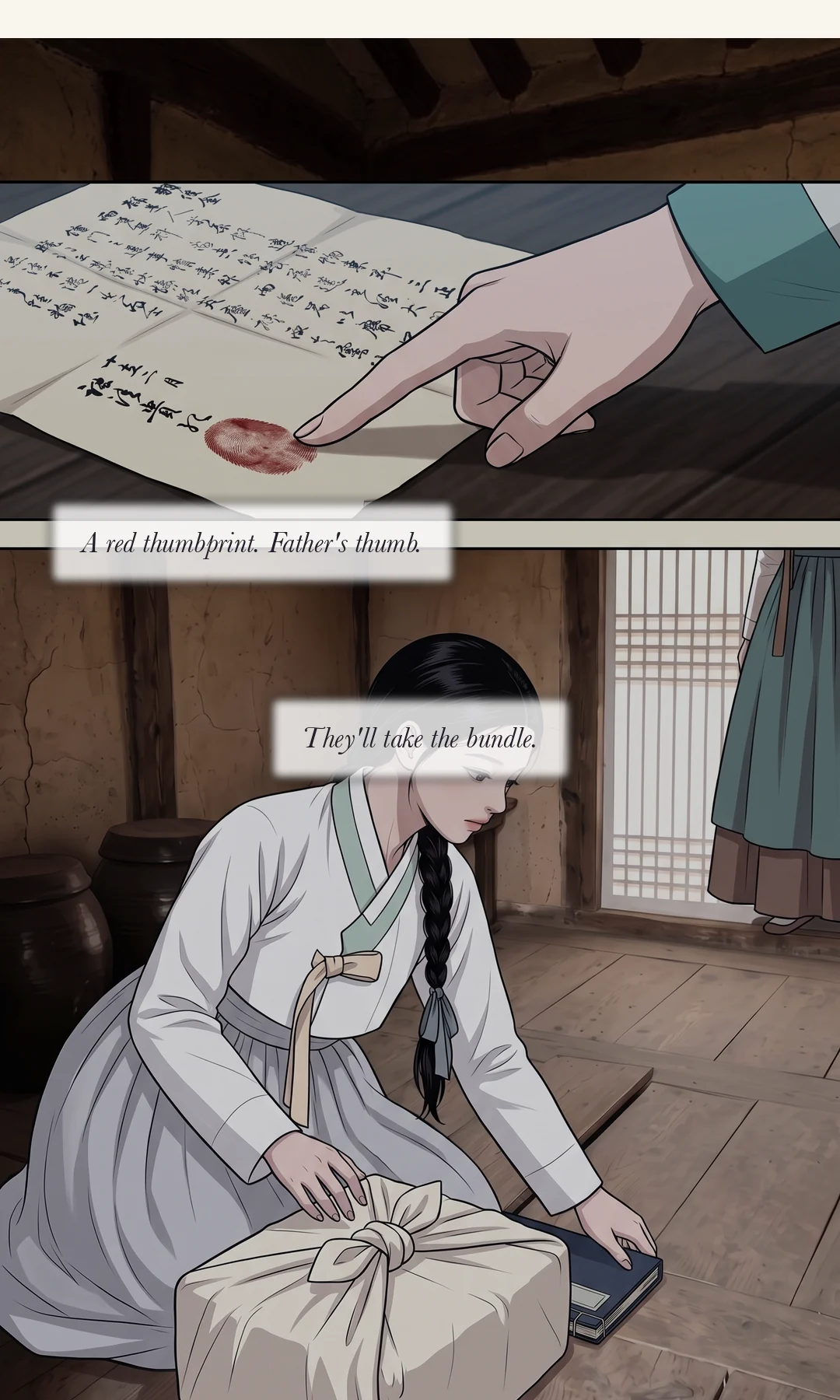 Yeonhwa stands holding the bundle, which now has only sewing in it. She argues, but the fear is still there. / The man takes the bundle and seizes her arm. Yeonhwa braces against the threshold. — Yeonhwa: "My father took the money, not me." Yeonhwa: "Let go. I am not going!"