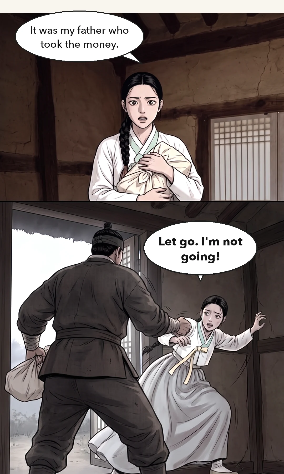 Muyeong in the alley ahead. He points the way the man went, at his retreating back. / (new) The two of them rounding a corner together. Far off, the lanterns of the courtesan house. — Muyeong: "Toward the courtesan house!" From the thatched house to the courtesan house, three alleys.