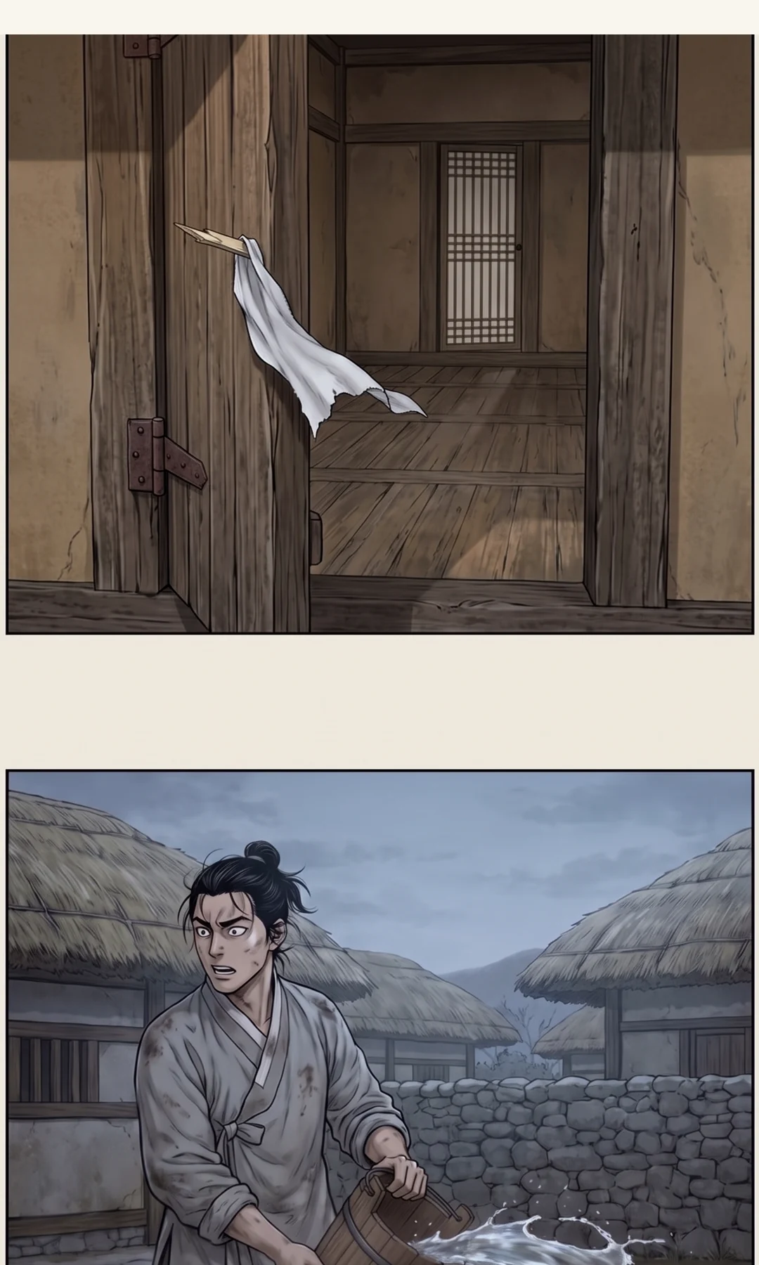 (new · band) Yeonhwa's eyes drop to a bottle beside the drinking table. / (hands) Her right hand closes around the neck of a small ceramic bottle. At her thigh, below her face. — I measured the distance to the door.