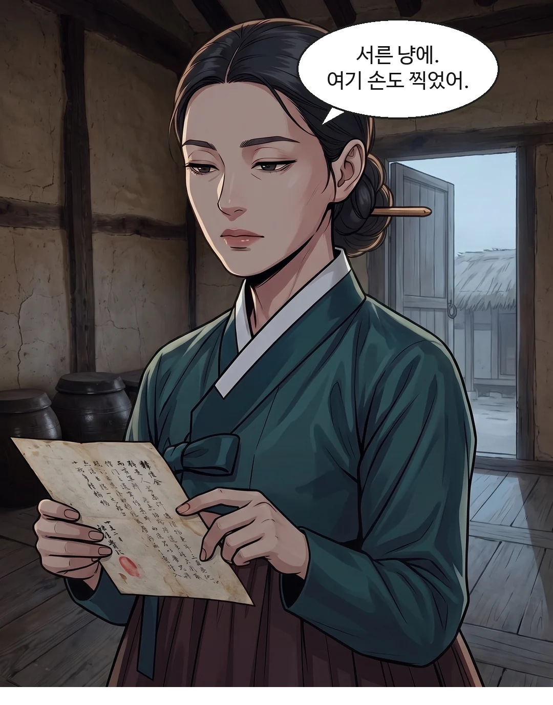 종이 아래의 수결을 손가락으로 짚어 보이는 행수. 조금 지루하다는 듯. — 행수 "서른 냥에. 여기 손도 찍었어."