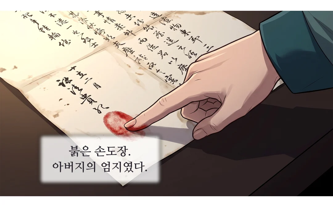 (클로즈업) 종이 위의 붉은 엄지 도장. — 붉은 손도장. 아버지의 엄지였다.