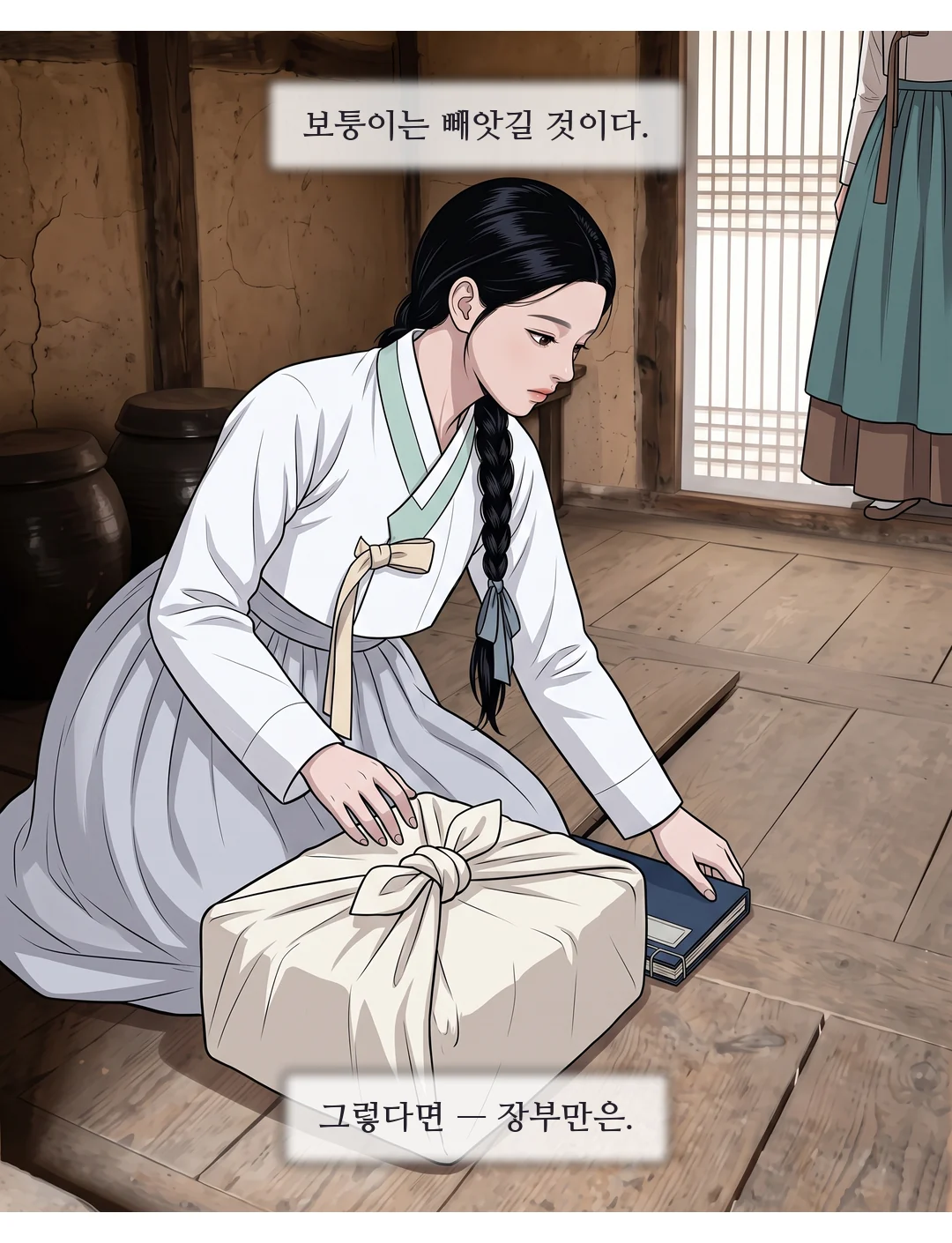 보퉁이를 챙기는 척 몸을 낮춘 연화. 눈만 마루 널로 간다. — 보퉁이는 빼앗길 것이다. 그렇다면 — 장부만은.
