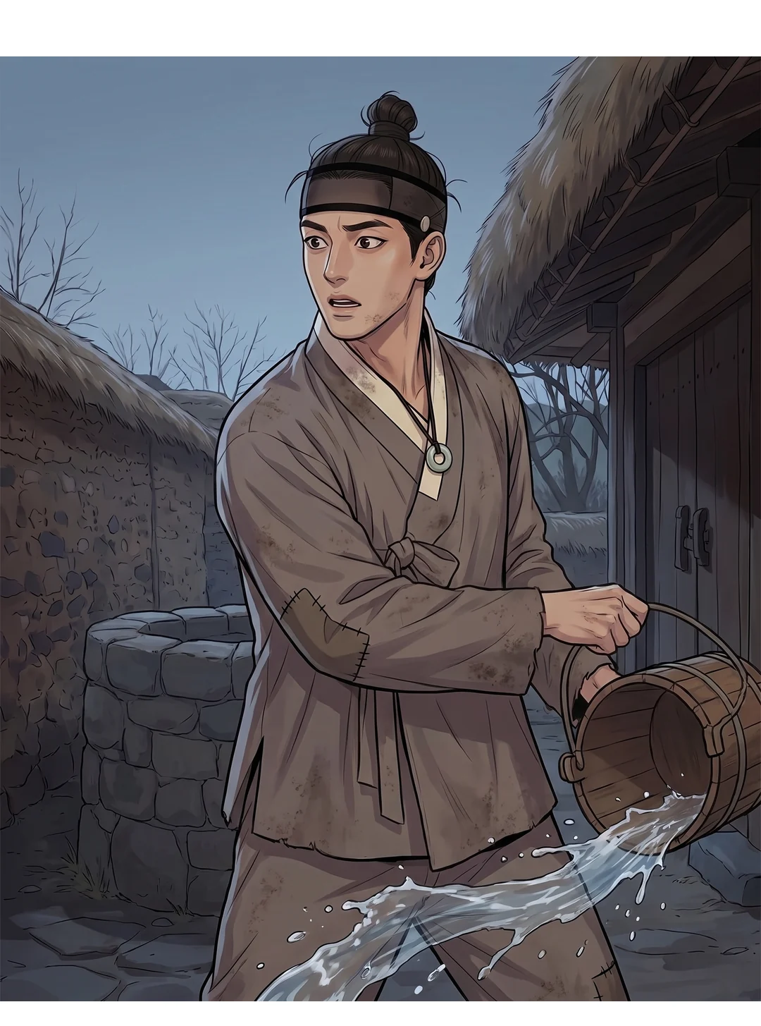 초가 문. 가시에 걸린 흰 천 조각을 쥔 무진 — 첫 큰 소리. — 무진 "연화!"