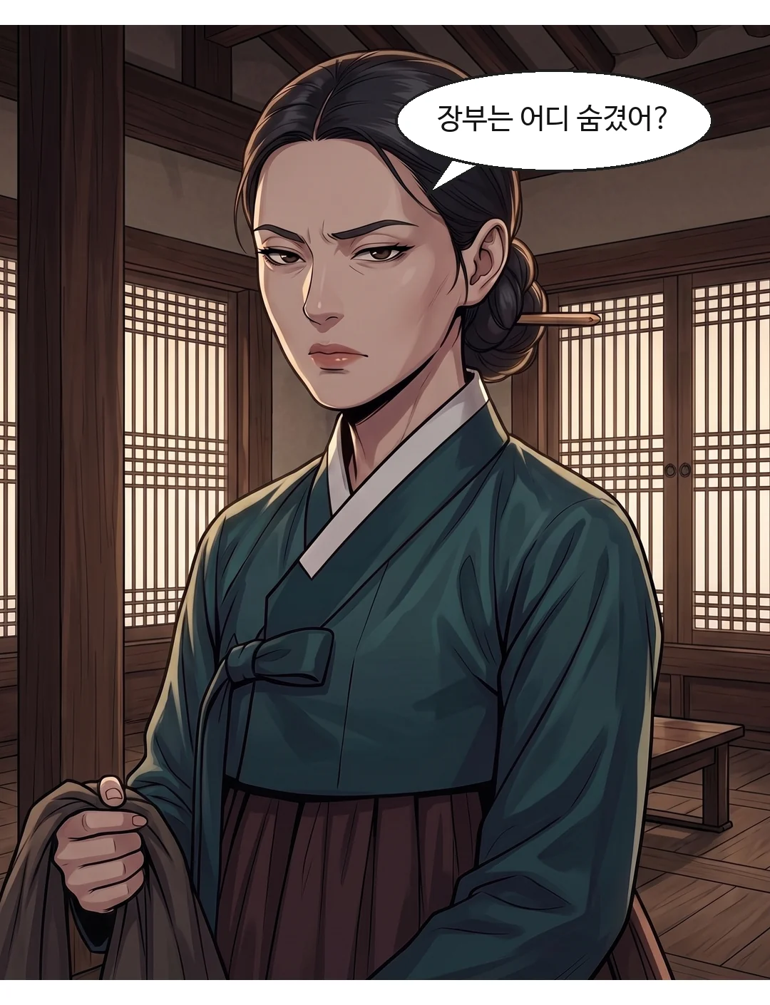 (손) 문틈으로 들어온 손이 묵직한 돈주머니를 행수의 손에 건넨다. — 철렁