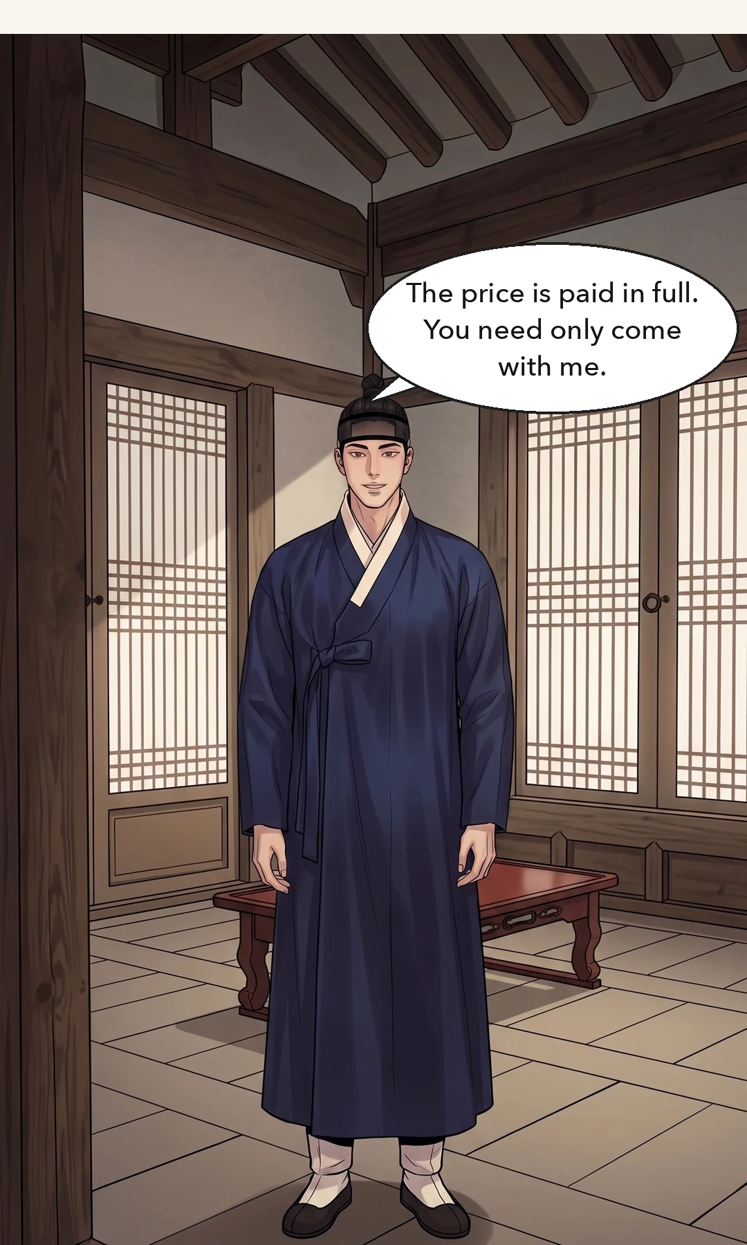 Yeonhwa pointing at the door. Her voice settles into calm — someone setting a condition. — Yeonhwa: "Then open the door first." If he has paid, he should be able to open the door. If he cannot — he has not bought me, he has shut me in.