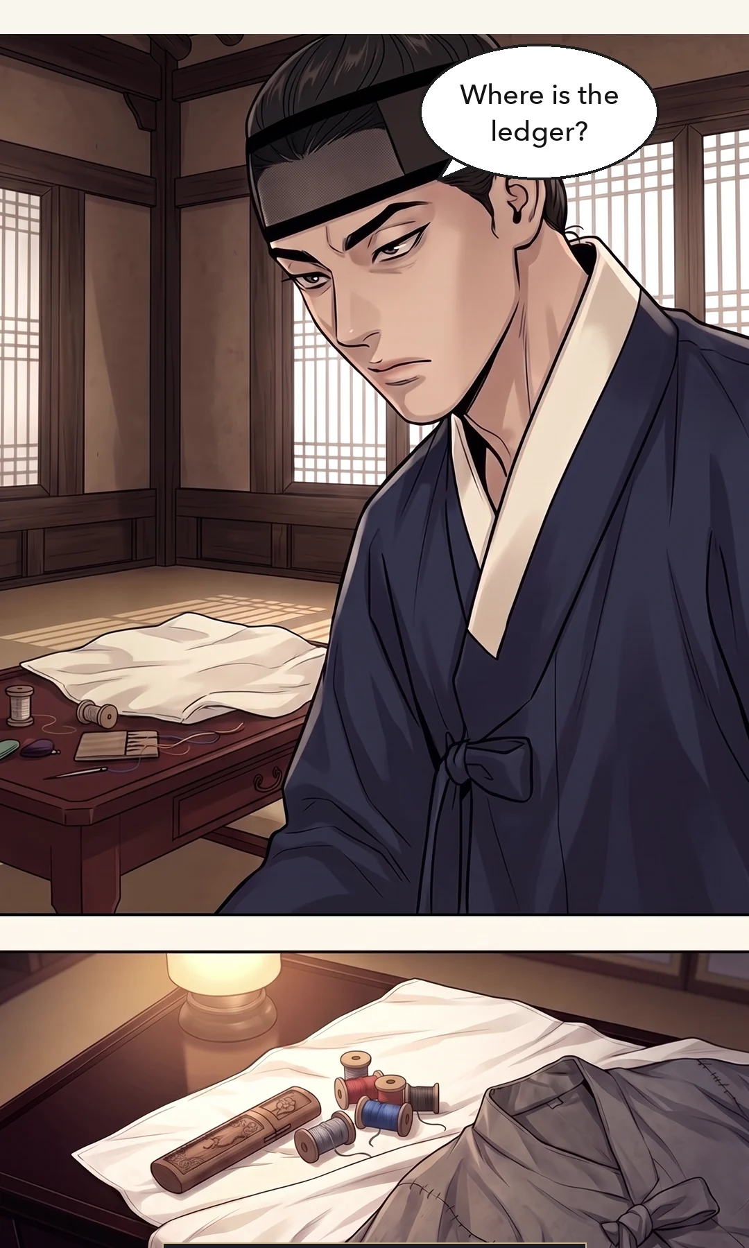 (new) Doyun taking half a step back at the sound of the breaking bottle. His hand comes halfway up. / The corridor. Mujin runs at the sound of the crash. Behind him Muyeong pushes a man's cudgel aside with a sheathed sword.