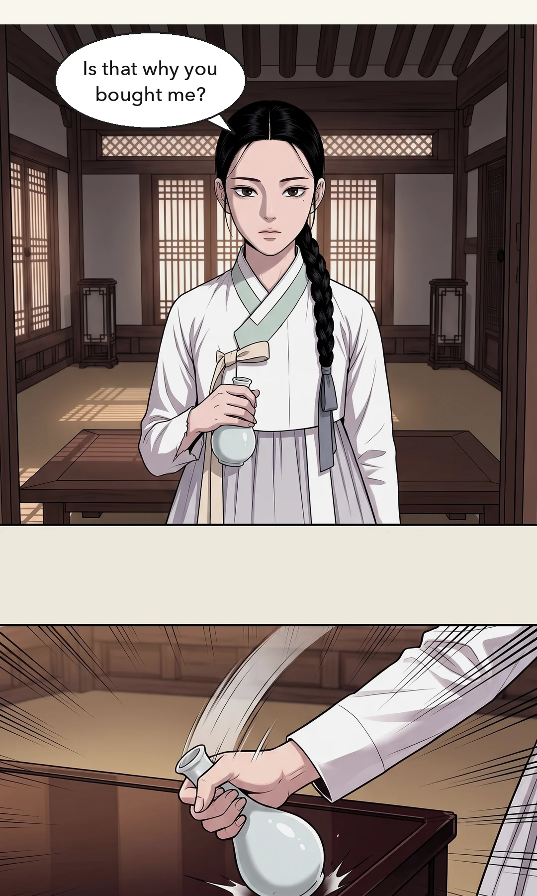 Keeping the table between them, she calls toward the closed door. / The sliding door opens. Mujin standing between the two of them. — Yeonhwa: "In here! Open the door!" the door sliding