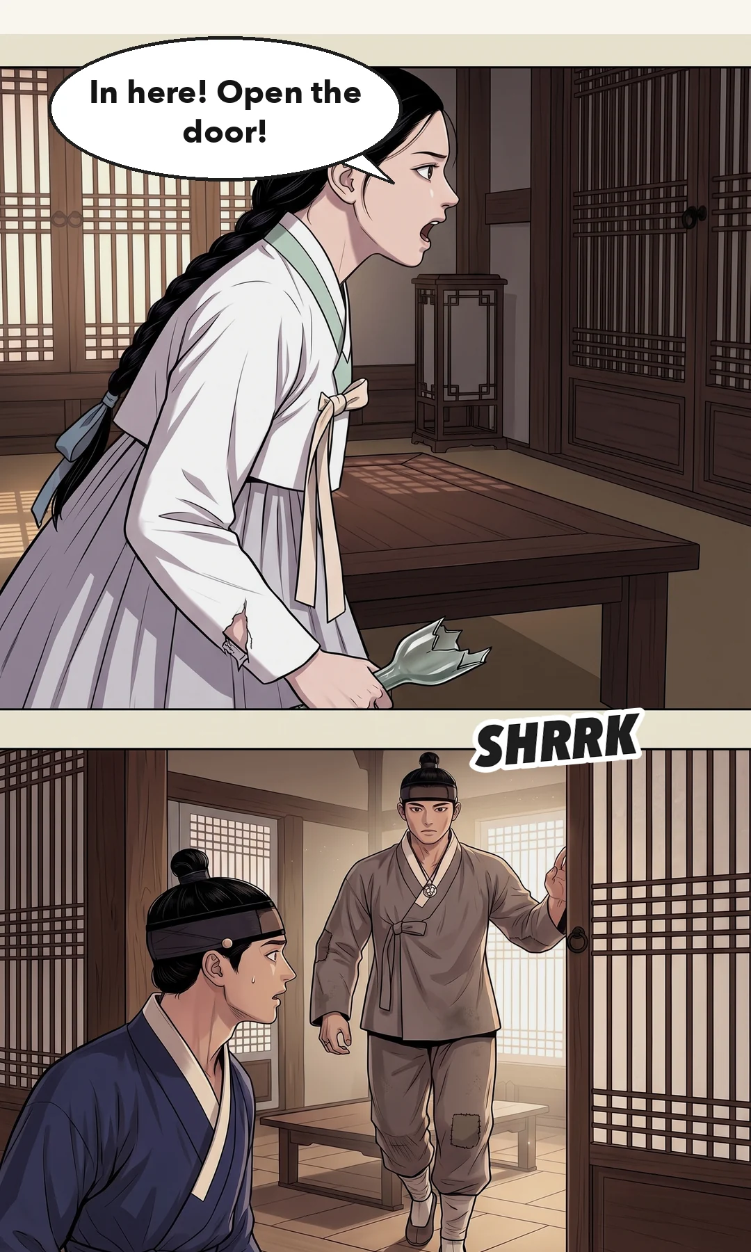(new) Yeonhwa stepping out of the courtesan house. First light. Mujin a step behind. — The night had ended.