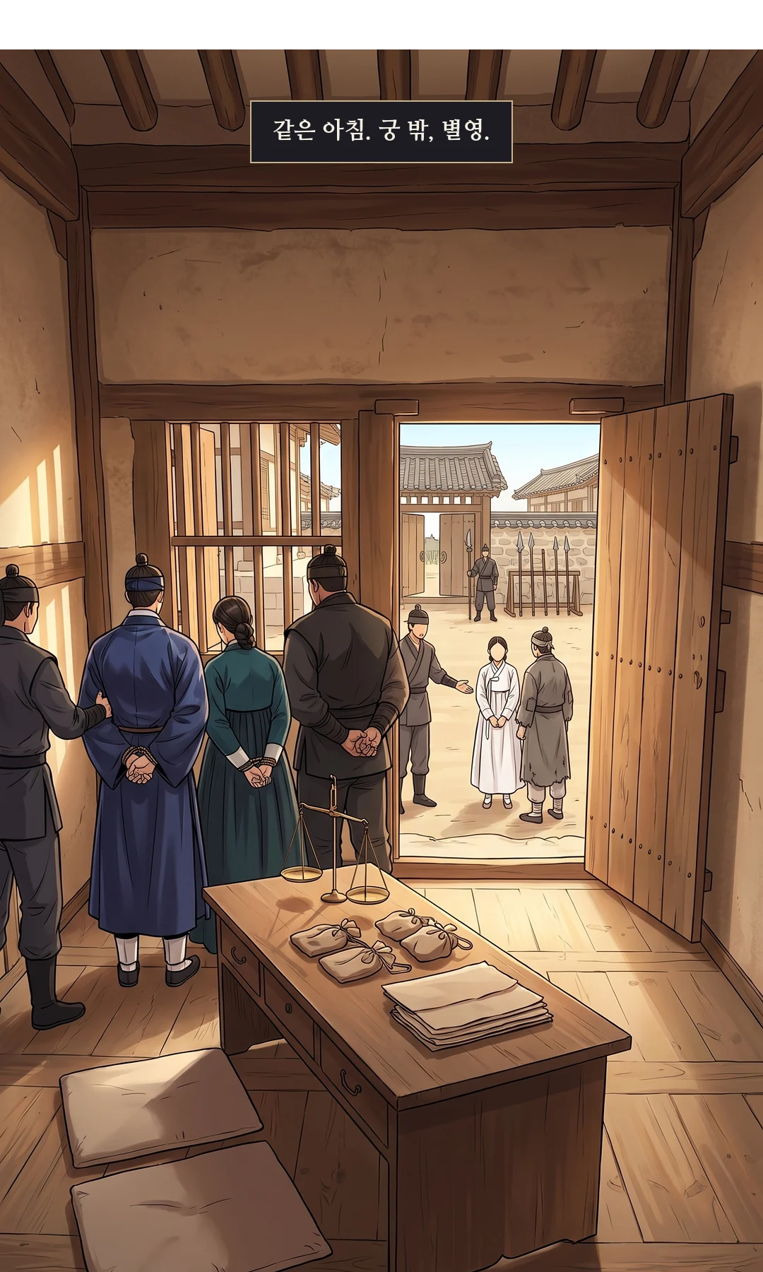 같은 아침, 별영 마당. 병사들이 포박된 피의자들을 분리실 쪽으로 데려가고, 연화와 무진은 열린 보호실 쪽으로 안내된다. — 같은 아침. 궁 밖, 별영.