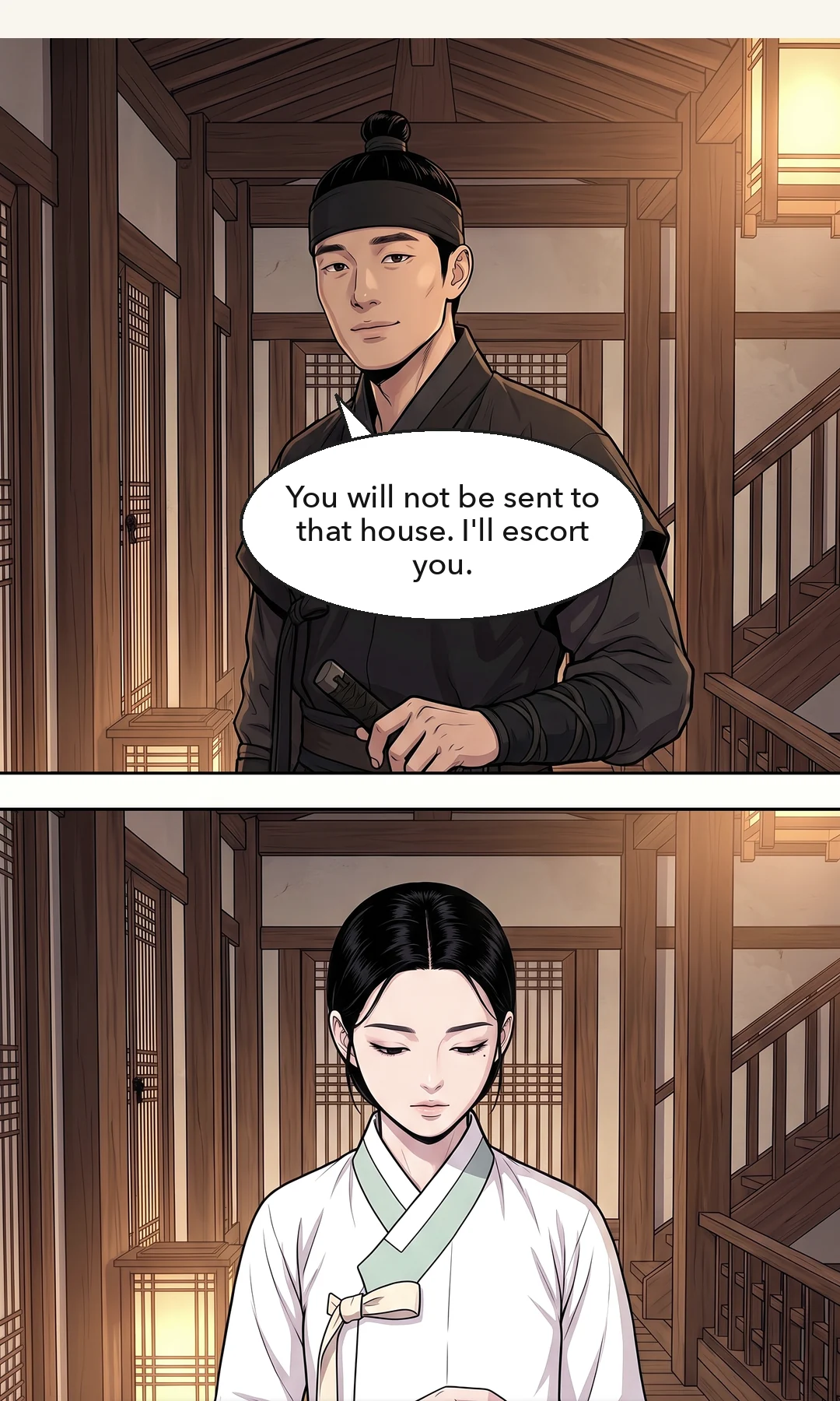 (new · hands) Two hands around a bowl of water. Steam rises. / Yeonhwa asking as she looks at the red mark on the deed of sale. She does not take her eyes off the paper. — The water was warm. Yeonhwa: "Did my father write this himself?"