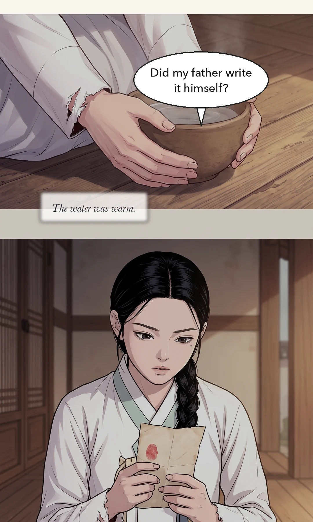 (new) Yeonhwa's face. After she lets go of the paper — still. / Mujin beside her — he looks at Yeonhwa, not at the paper. — It hurt less to be sold than to be of no consequence.