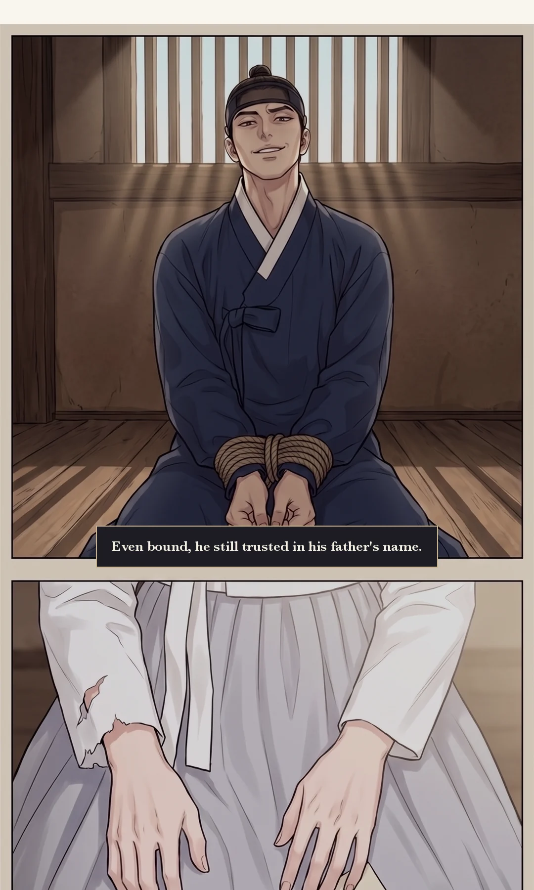 Mujin from the front. The beggar's face is gone — broad and clear, unhurried. No fanfare. — Yi Heon: "My name is Yi Heon. I am the king of this country."